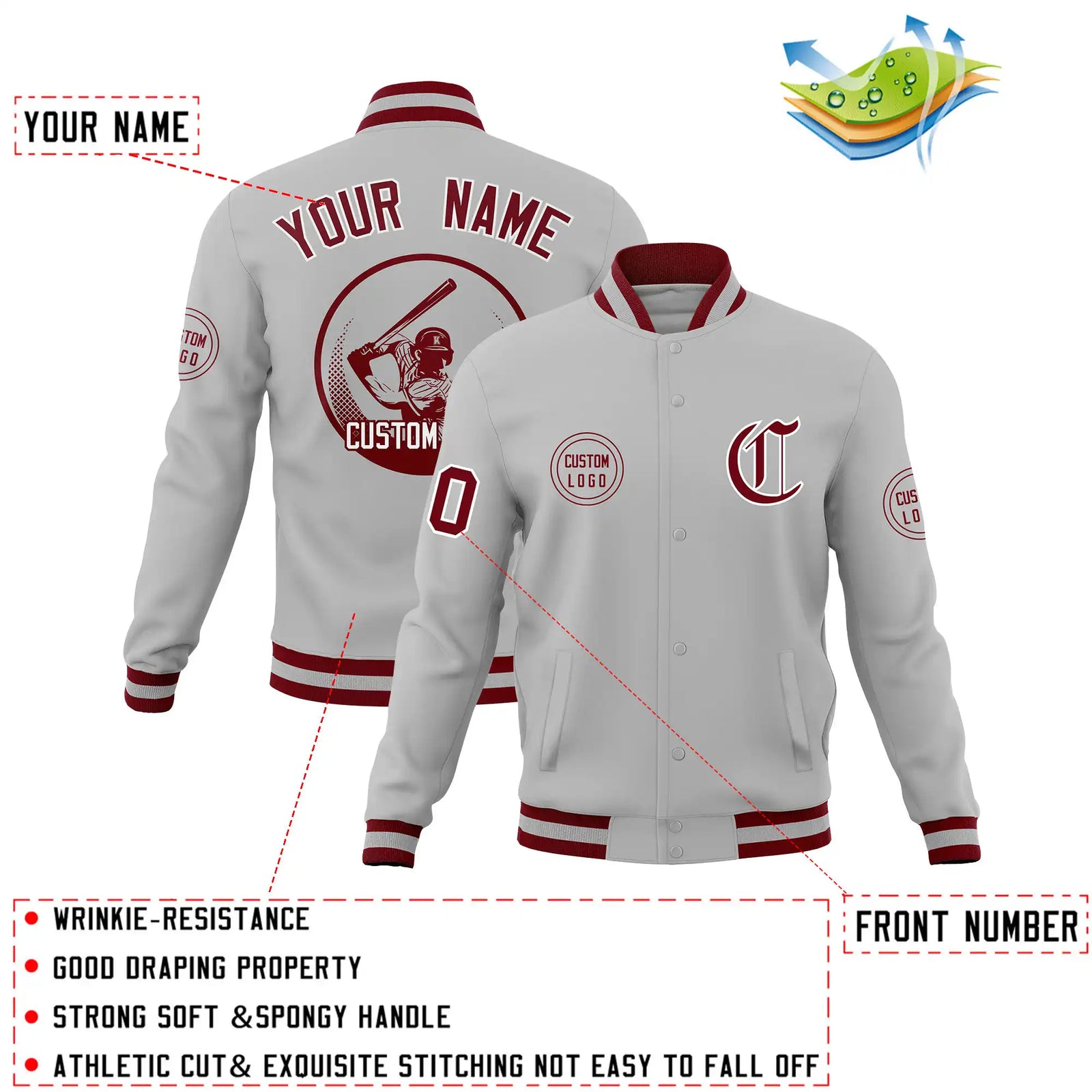 Custom Gray Crimson-Gray Bomber Full-Snap Varsity Letterman Jacket