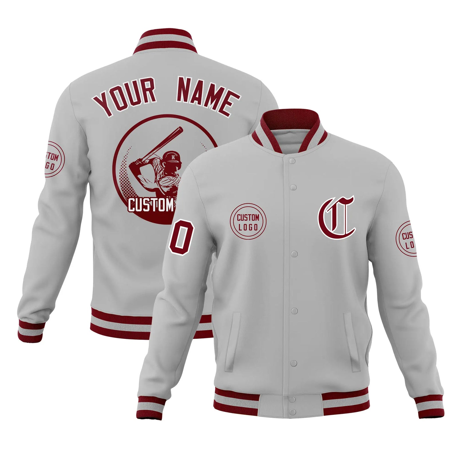 Custom Gray Crimson-Gray Bomber Full-Snap Varsity Letterman Jacket