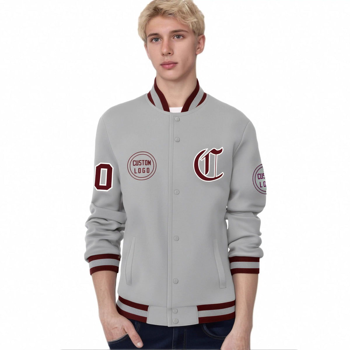 Custom Gray Crimson-Gray Bomber Full-Snap Varsity Letterman Jacket