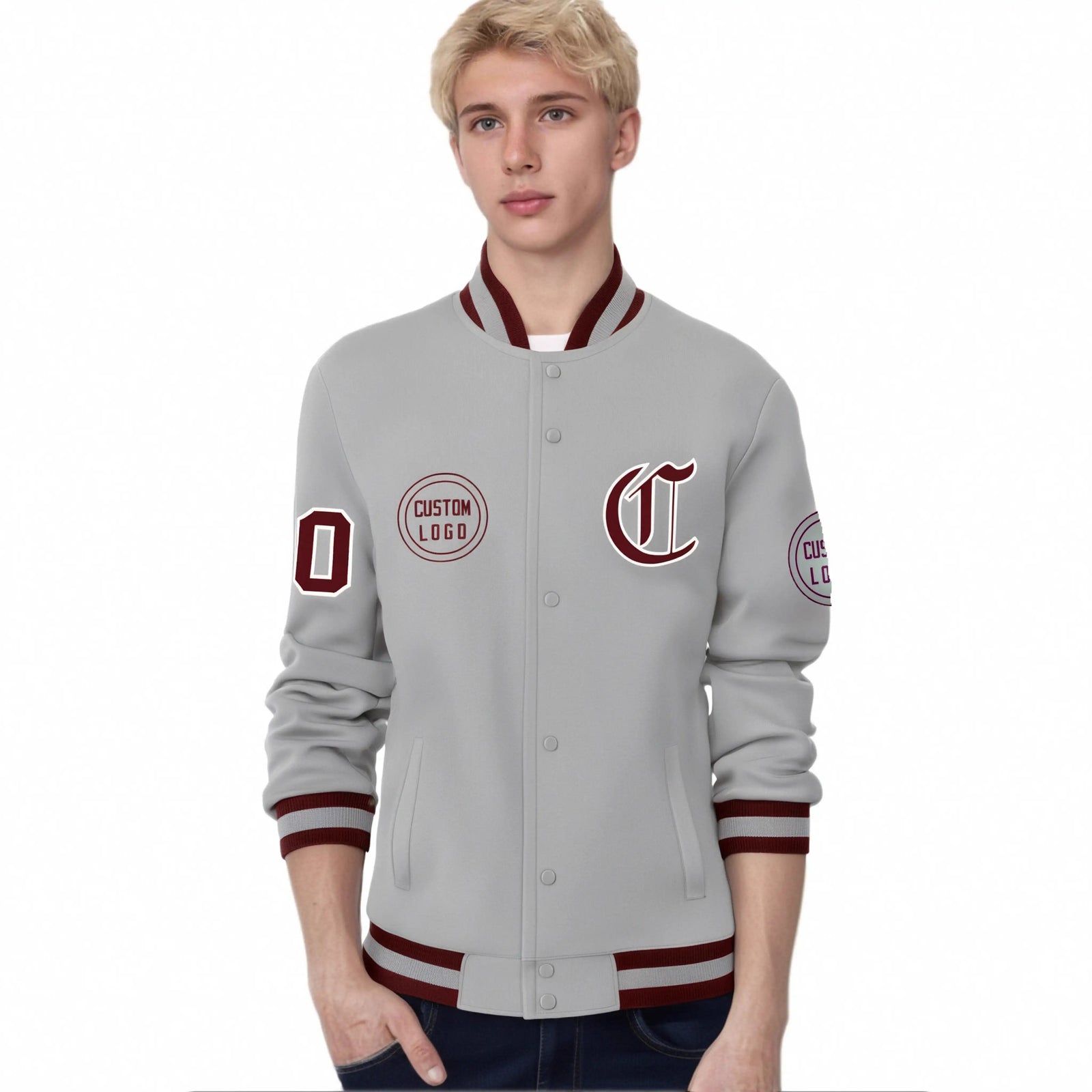 Custom Gray Crimson-Gray Bomber Full-Snap Varsity Letterman Jacket