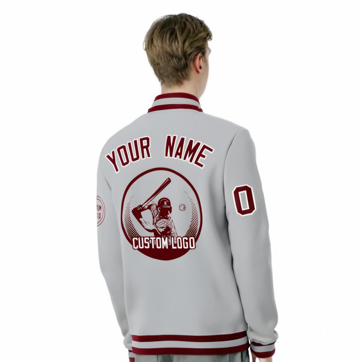 Custom Gray Crimson-Gray Bomber Full-Snap Varsity Letterman Jacket