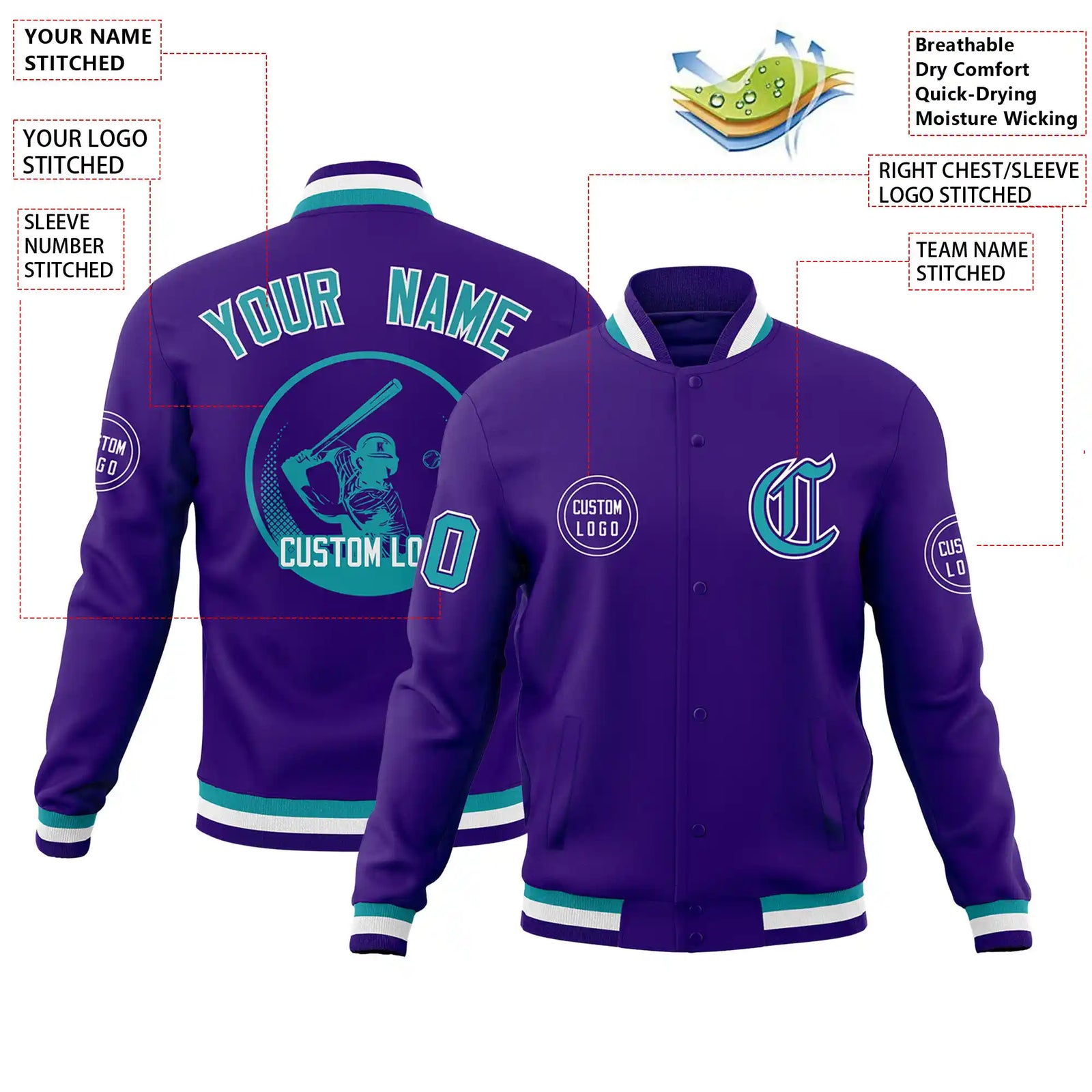 Custom Purple Aqua-White Bomber Full-Snap Varsity Letterman Jacket