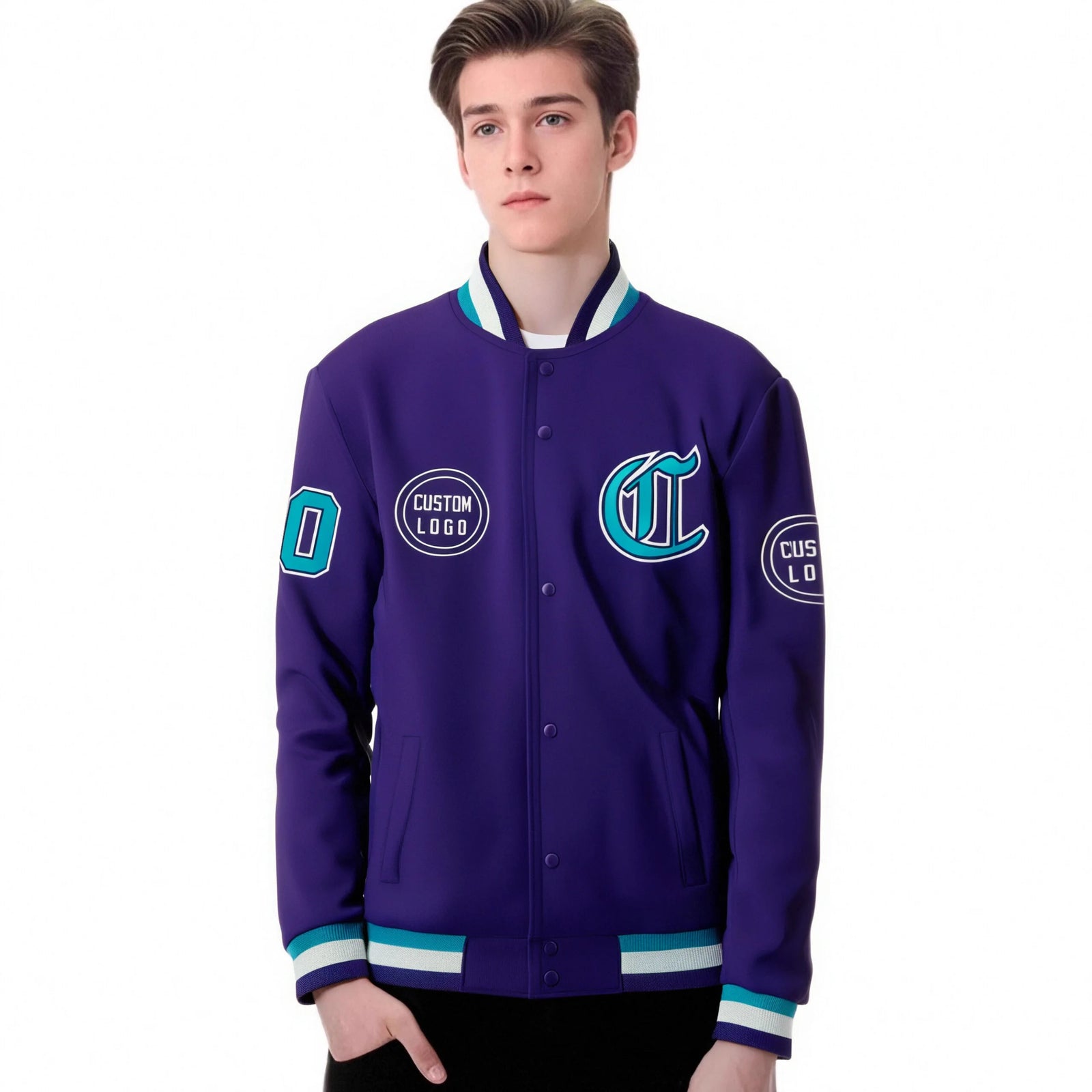 Custom Purple Aqua-White Bomber Full-Snap Varsity Letterman Jacket