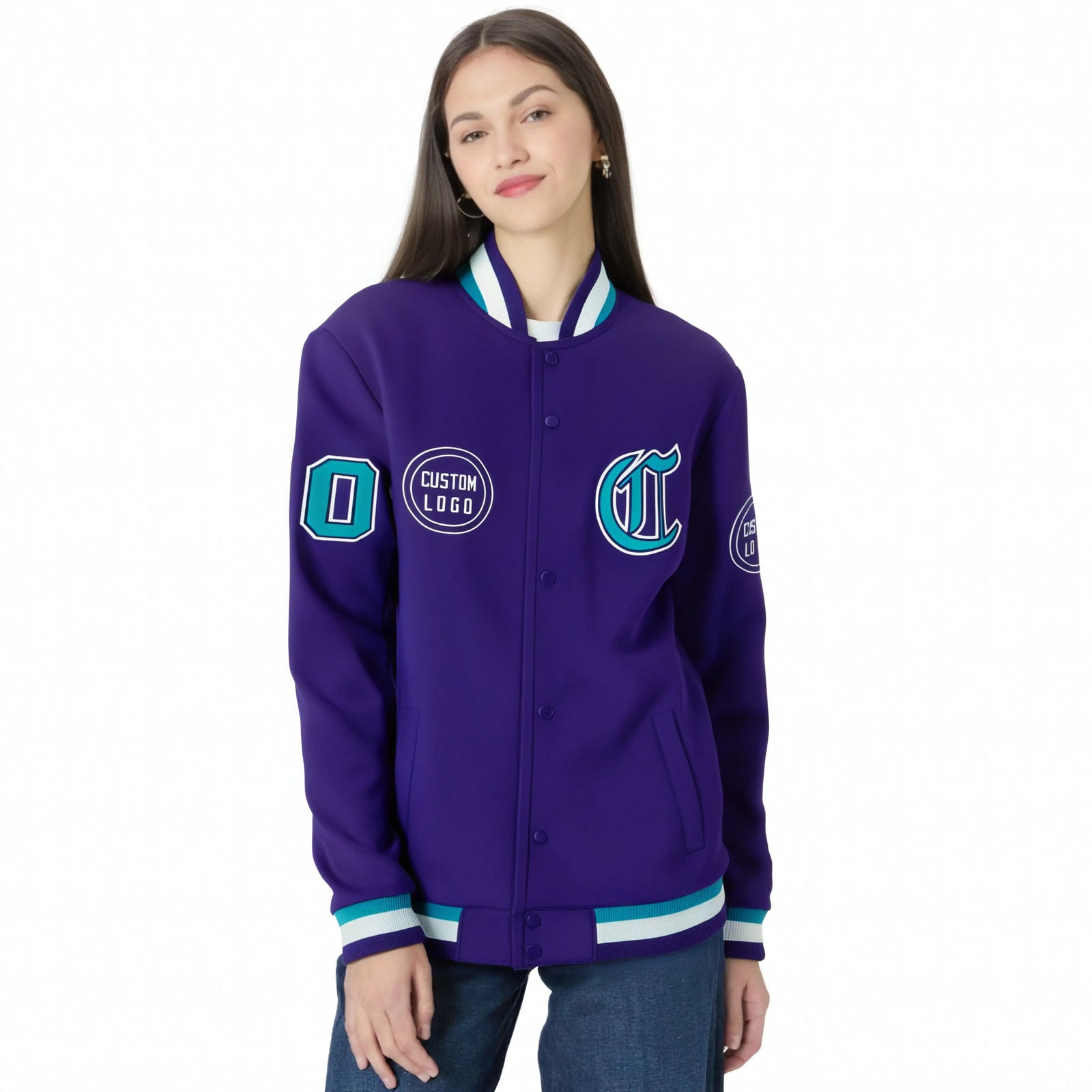 Custom Purple Aqua-White Bomber Full-Snap Varsity Letterman Jacket