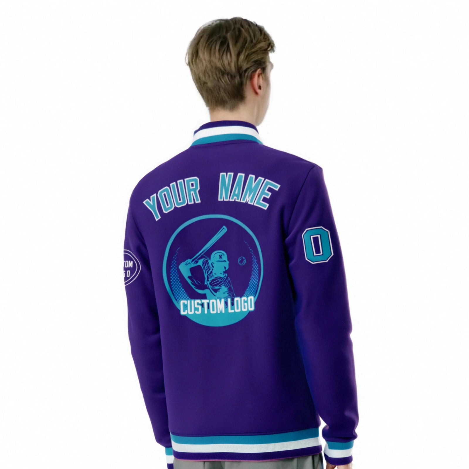 Custom Purple Aqua-White Bomber Full-Snap Varsity Letterman Jacket