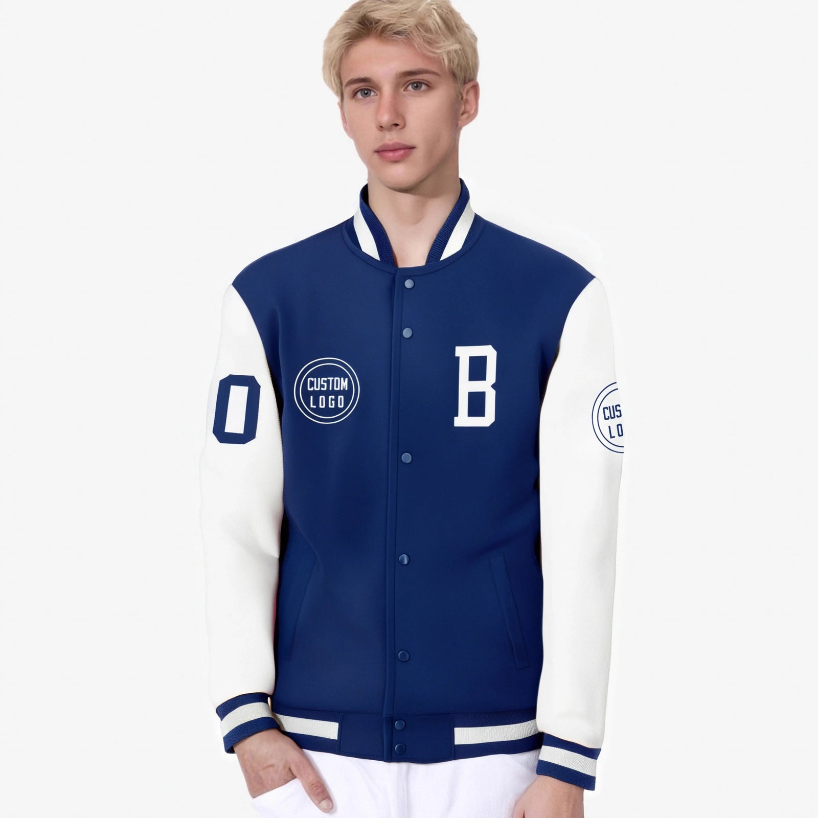 Custom Royal Blue White Bomber Full-Snap Varsity Letterman Two Tone Jacket