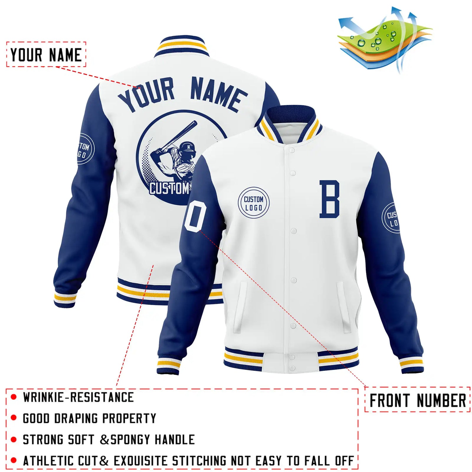Custom White Royal Blue Bomber Full-Snap Varsity Letterman Two Tone Jacket