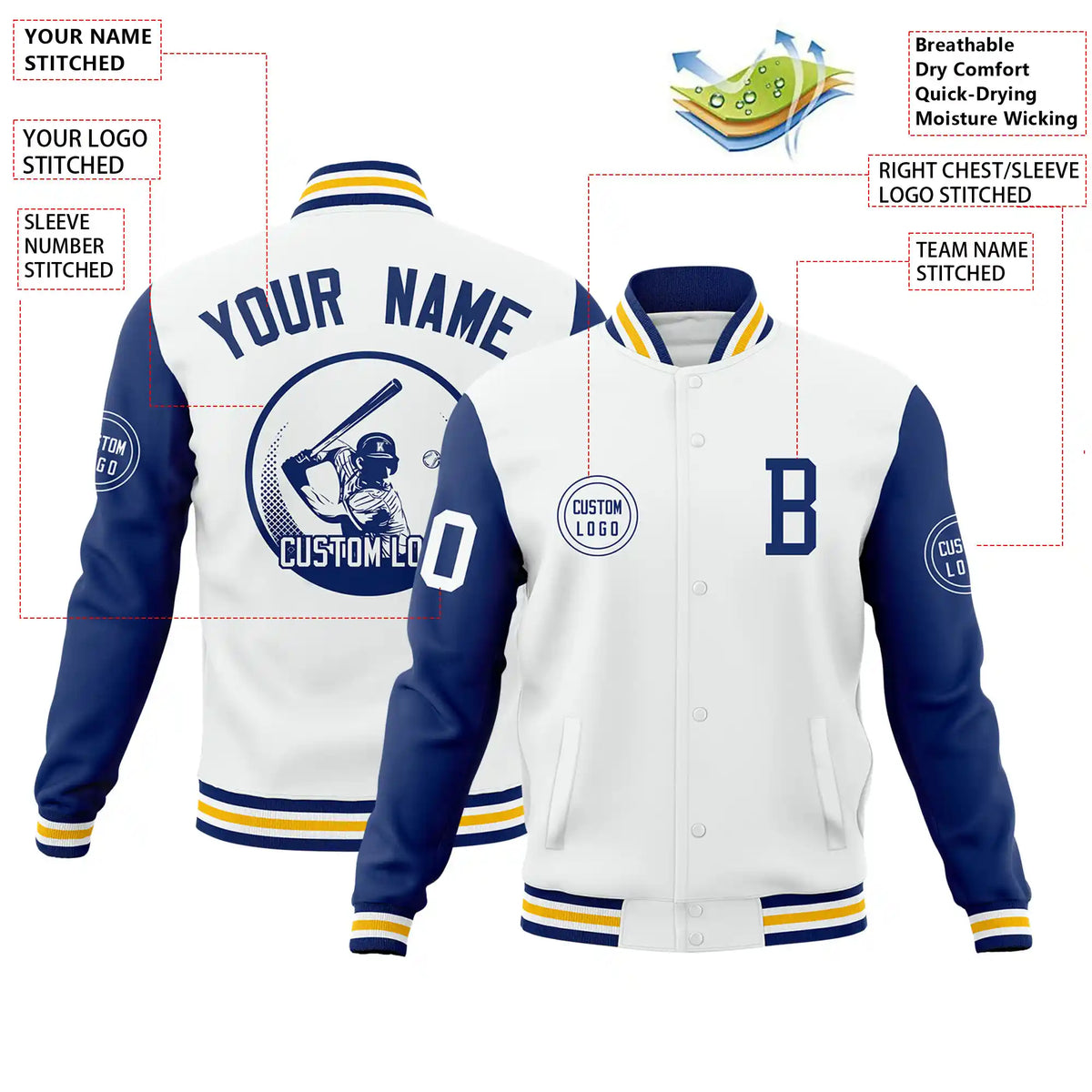Custom White Royal Blue Bomber Full-Snap Varsity Letterman Two Tone Jacket