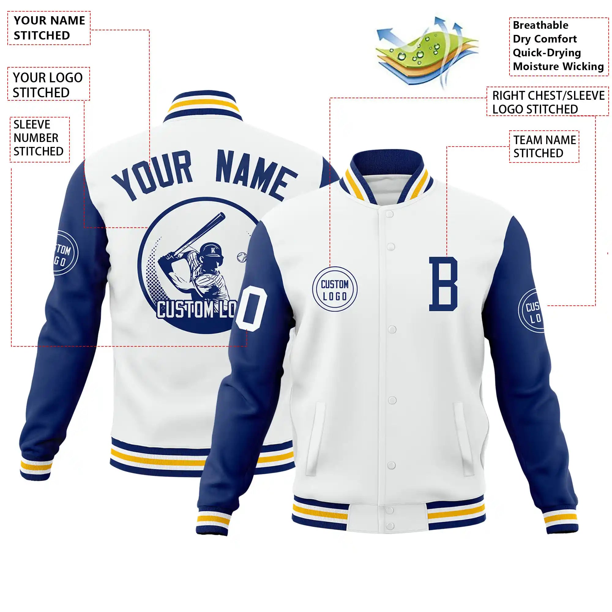 Custom White Royal Blue Bomber Full-Snap Varsity Letterman Two Tone Jacket