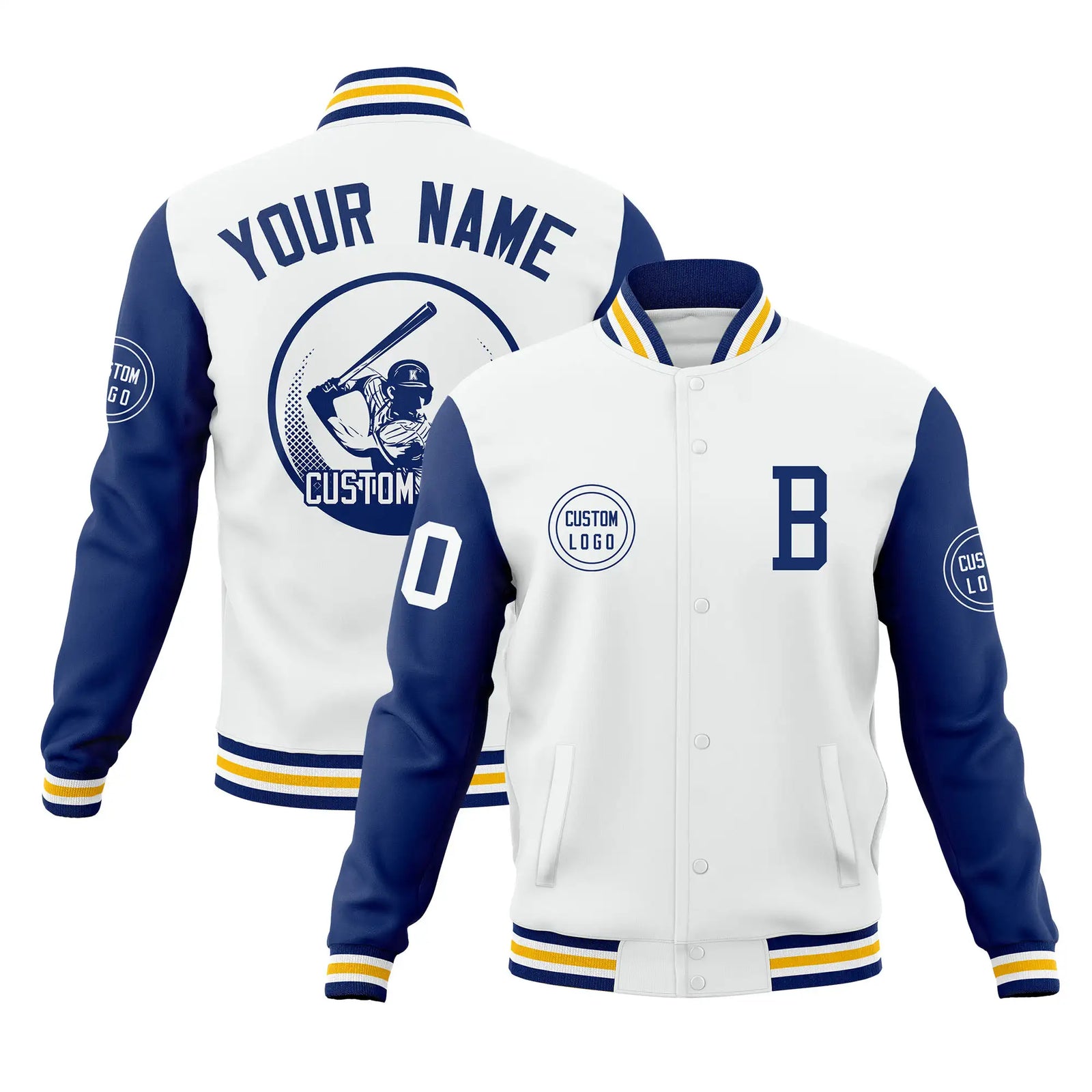 Custom White Royal Blue Bomber Full-Snap Varsity Letterman Two Tone Jacket