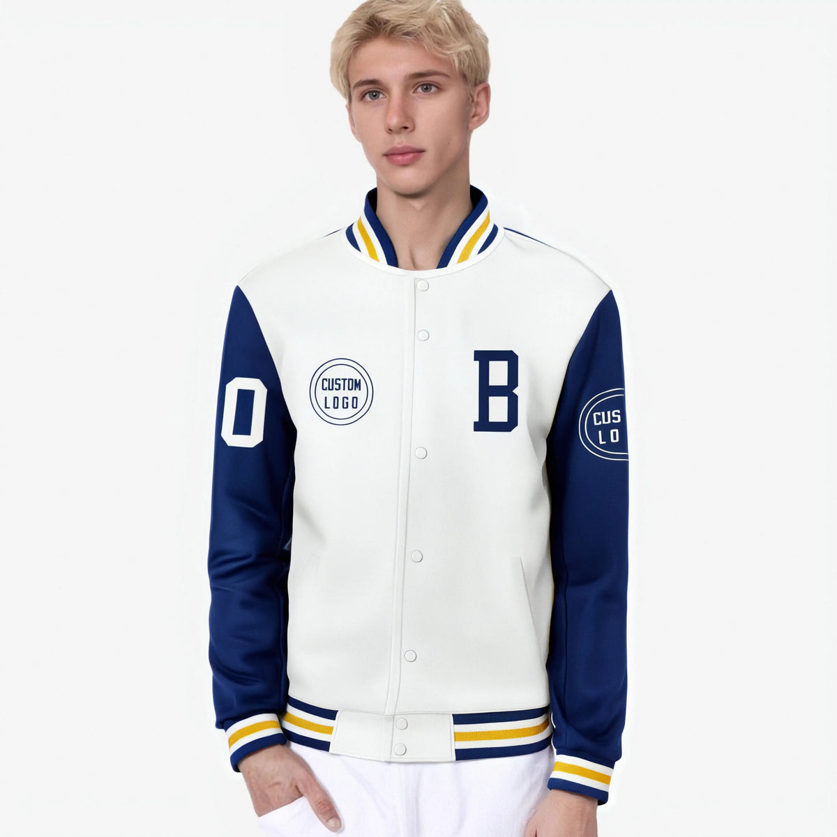 Custom White Royal Blue Bomber Full-Snap Varsity Letterman Two Tone Jacket
