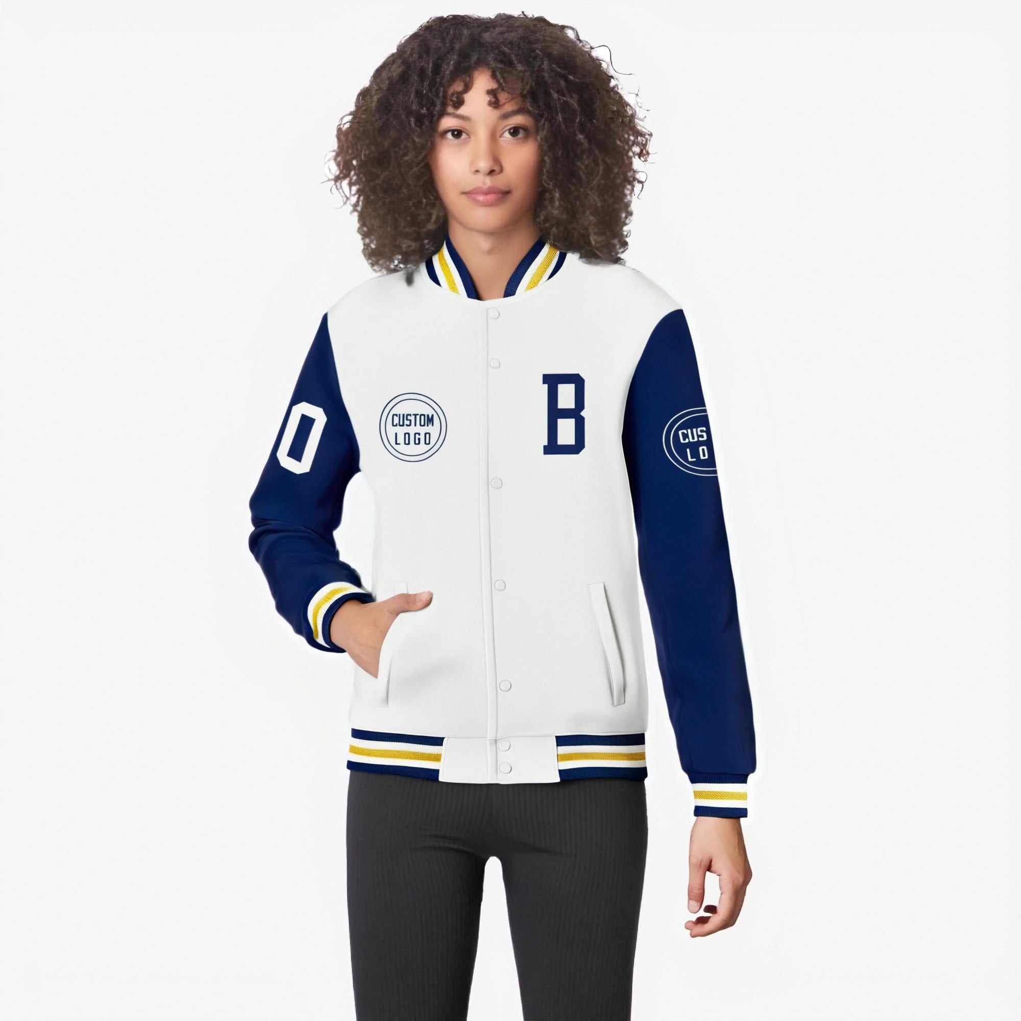 Custom White Royal Blue Bomber Full-Snap Varsity Letterman Two Tone Jacket