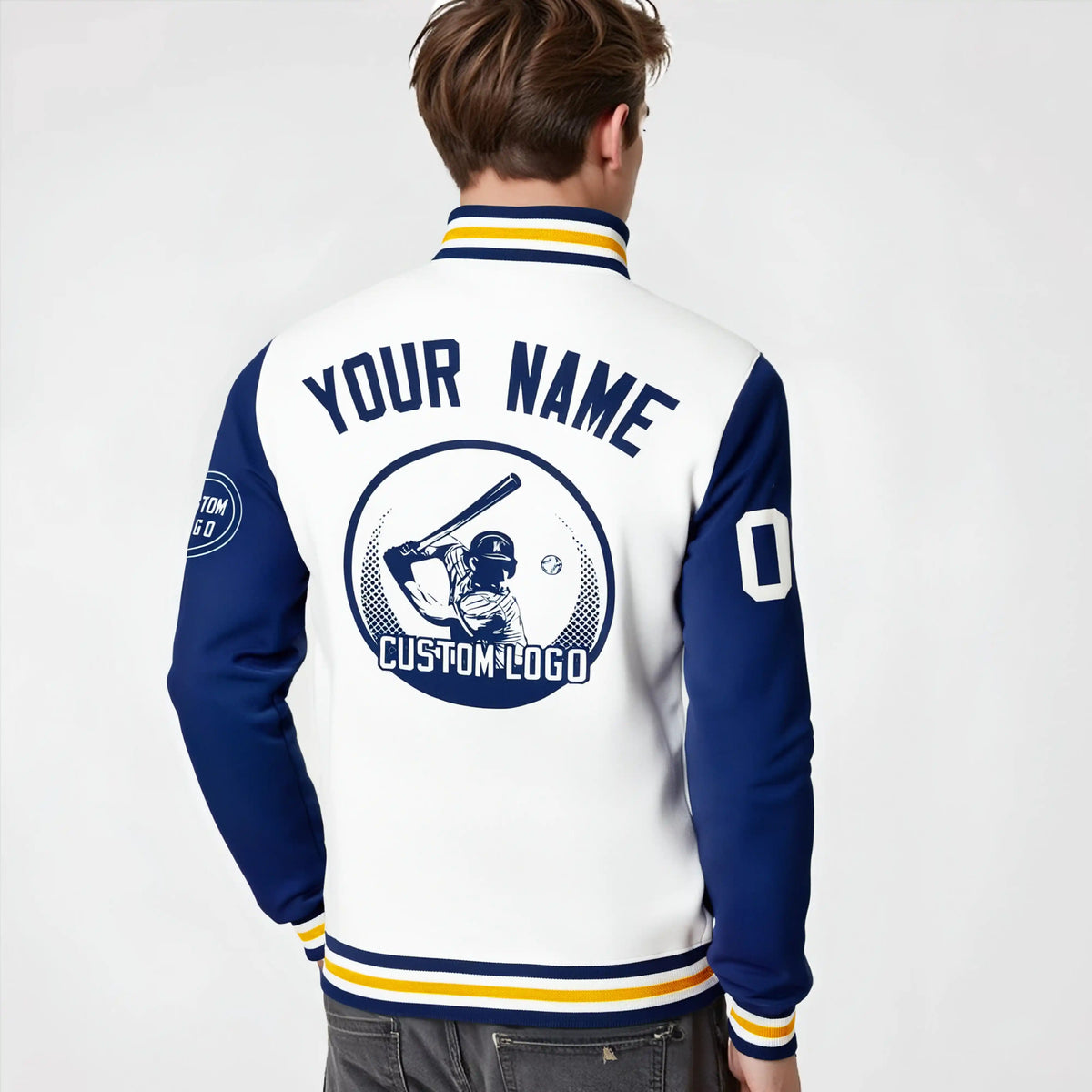 Custom White Royal Blue Bomber Full-Snap Varsity Letterman Two Tone Jacket