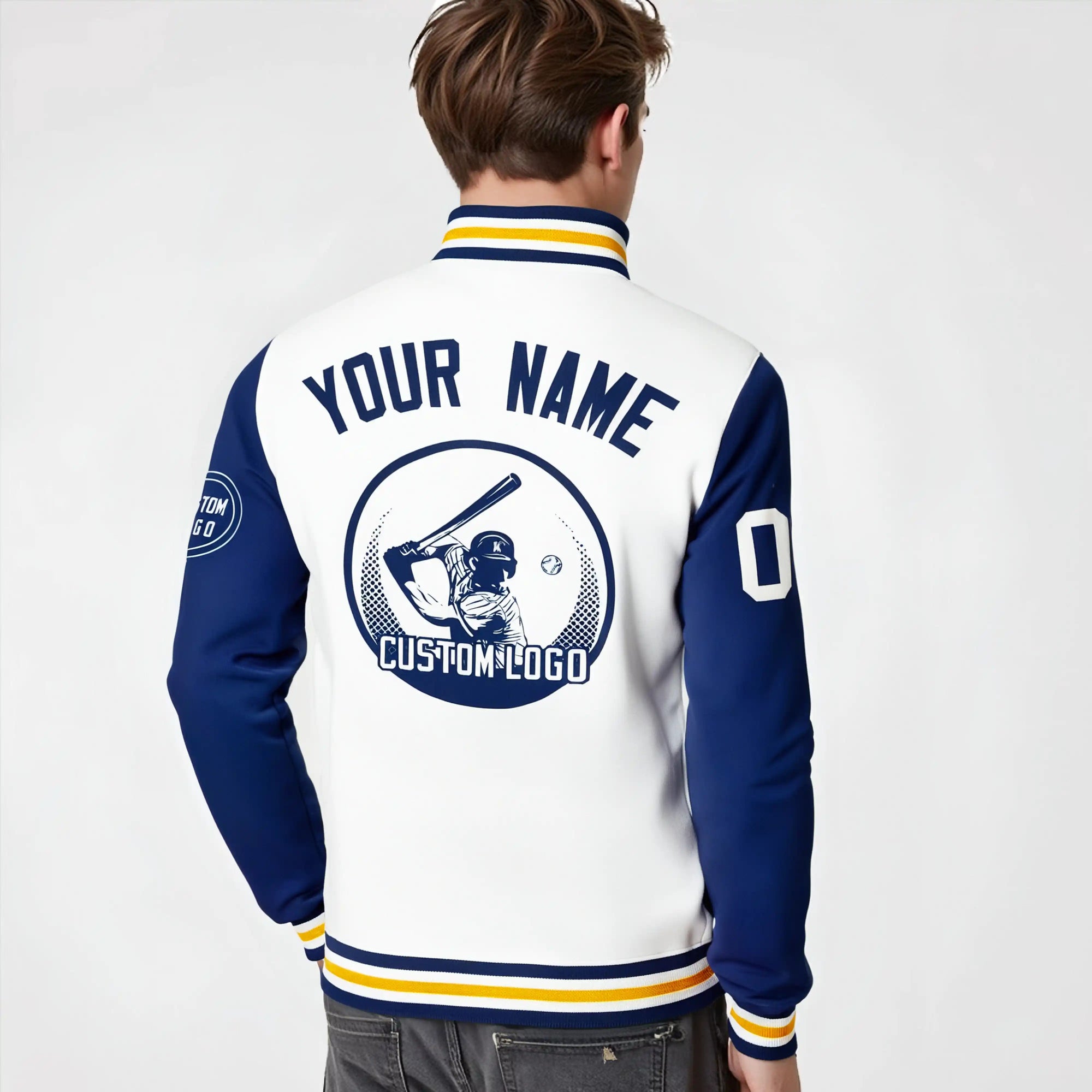 Custom White Royal Blue Bomber Full-Snap Varsity Letterman Two Tone Jacket