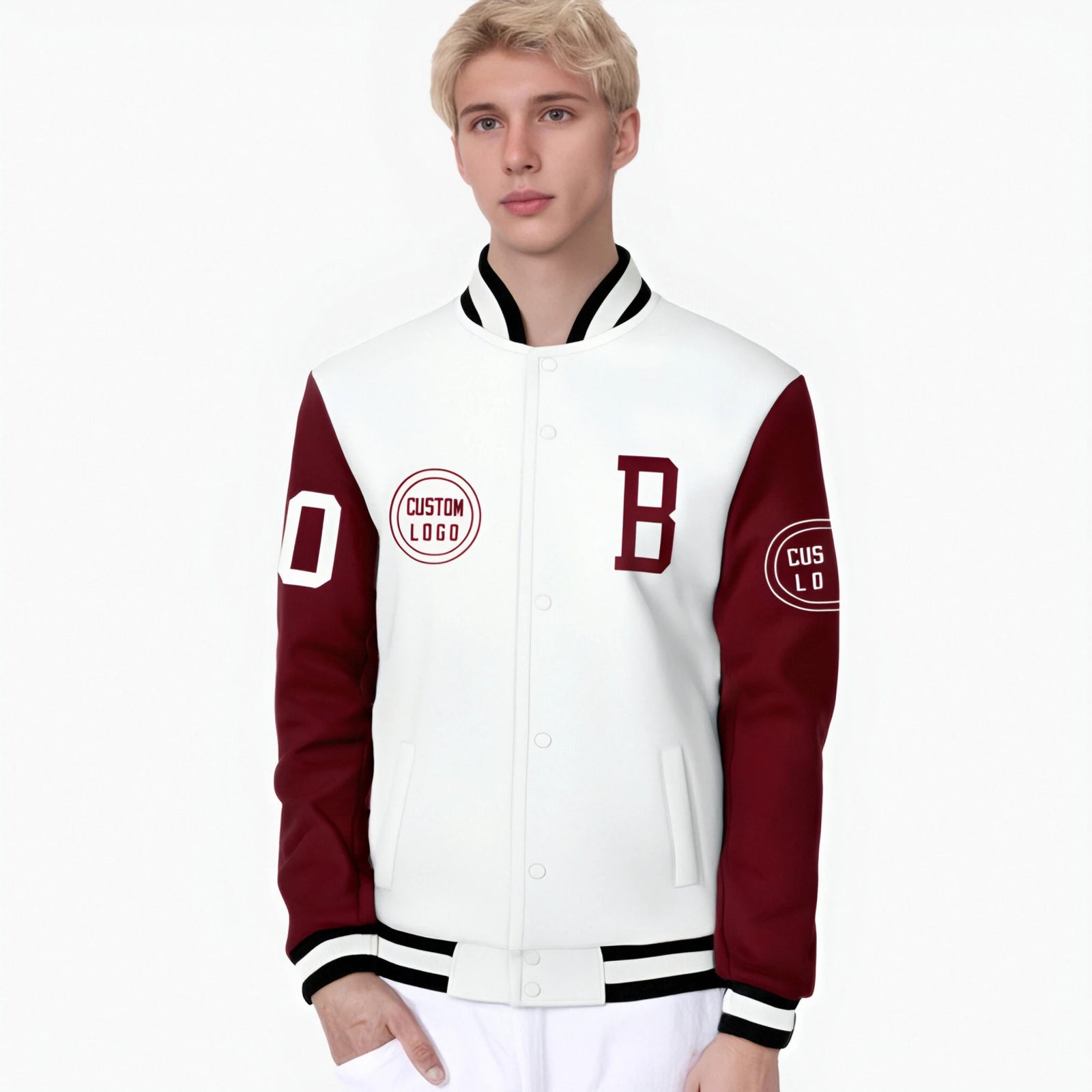 Custom White Crimson Bomber Full-Snap Varsity Letterman Two Tone Jacket
