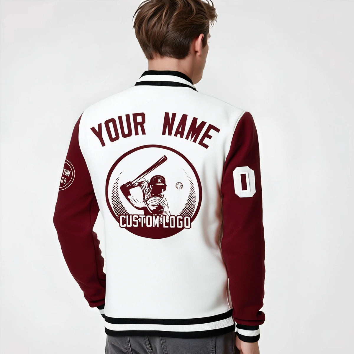 Custom White Crimson Bomber Full-Snap Varsity Letterman Two Tone Jacket