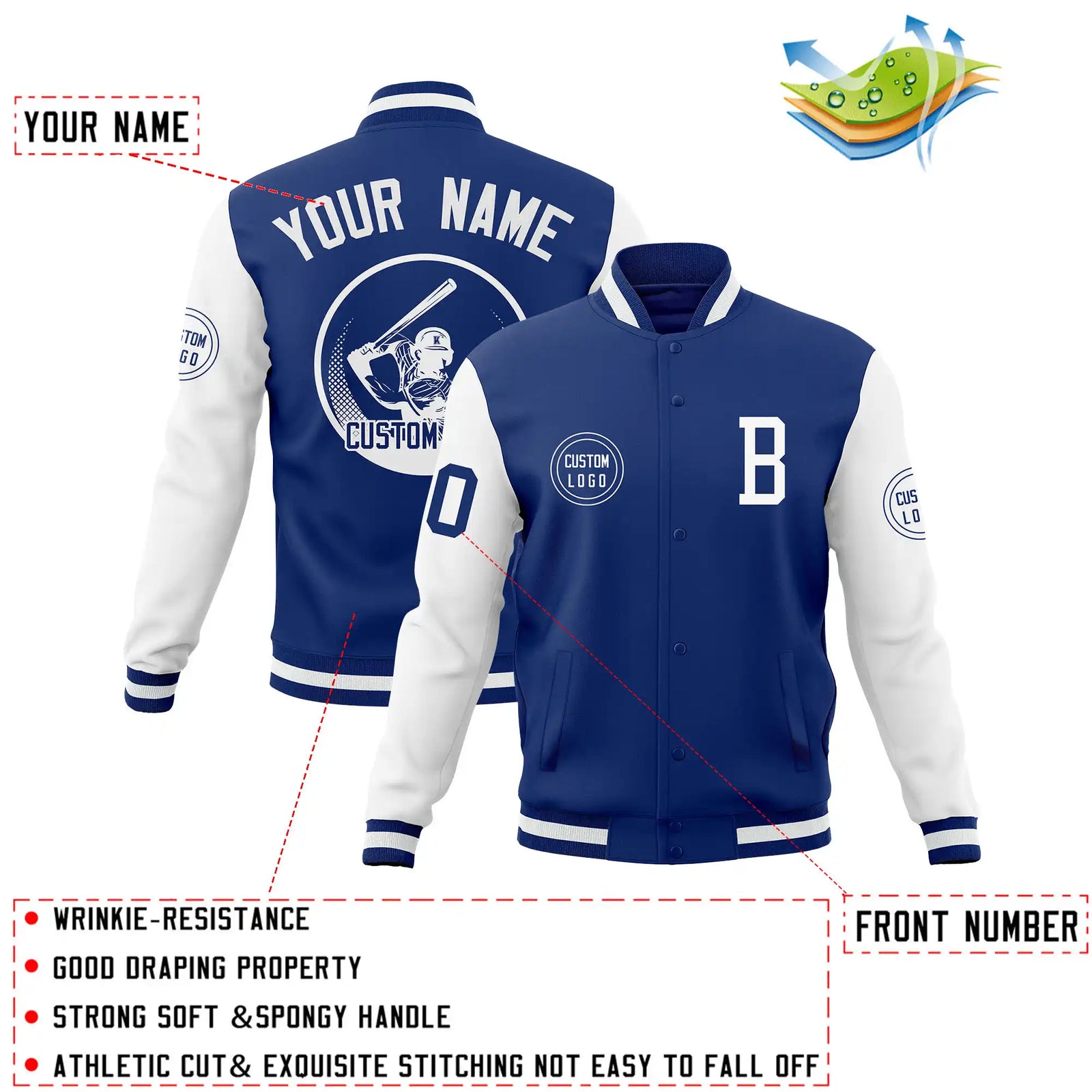Custom Royal Blue White Bomber Full-Snap Varsity Letterman Two Tone Jacket