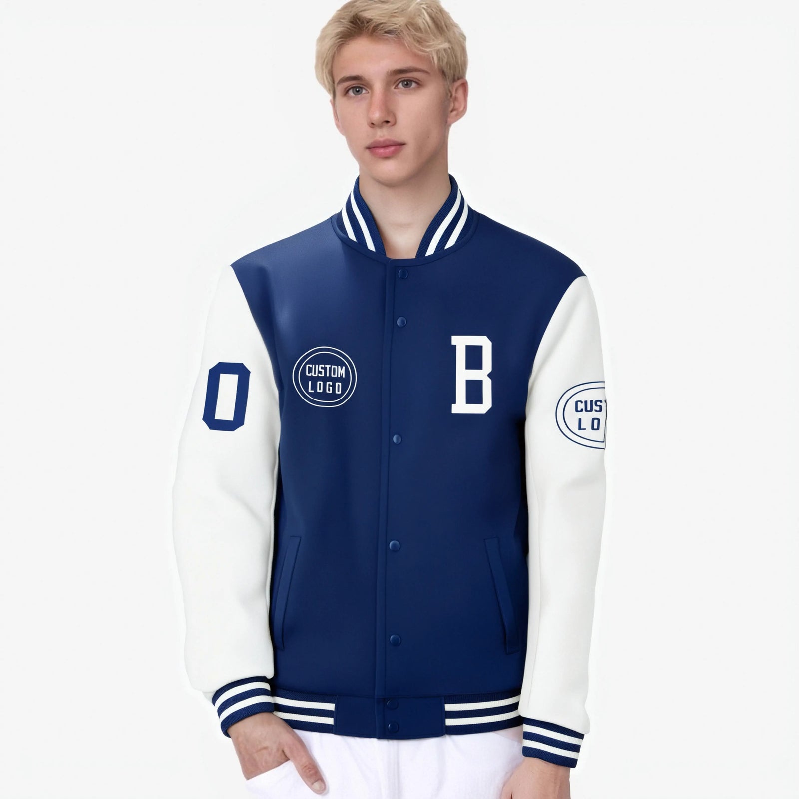 Custom Royal Blue White Bomber Full-Snap Varsity Letterman Two Tone Jacket