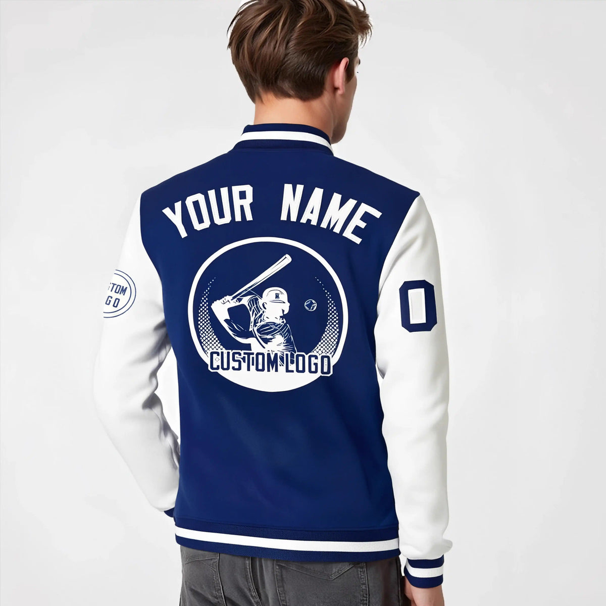 Custom Royal Blue White Bomber Full-Snap Varsity Letterman Two Tone Jacket