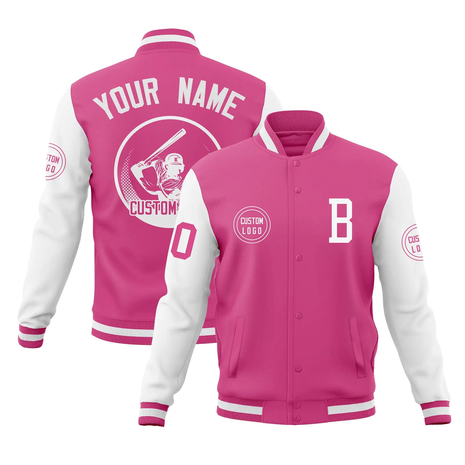 Custom Pink White Bomber Full-Snap Varsity Letterman Two Tone Jacket