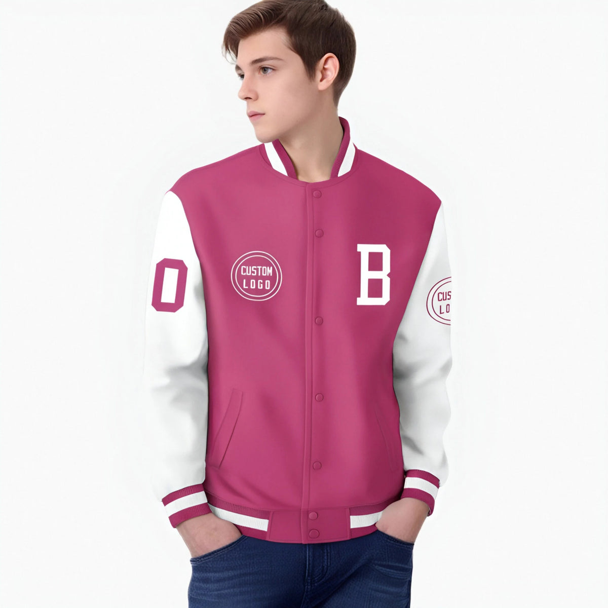 Custom Pink White Bomber Full-Snap Varsity Letterman Two Tone Jacket