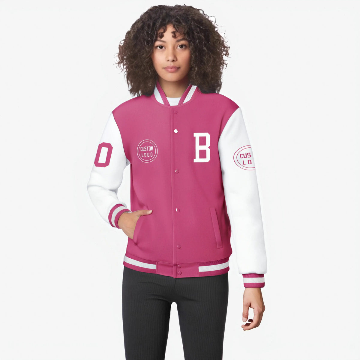 Custom Pink White Bomber Full-Snap Varsity Letterman Two Tone Jacket