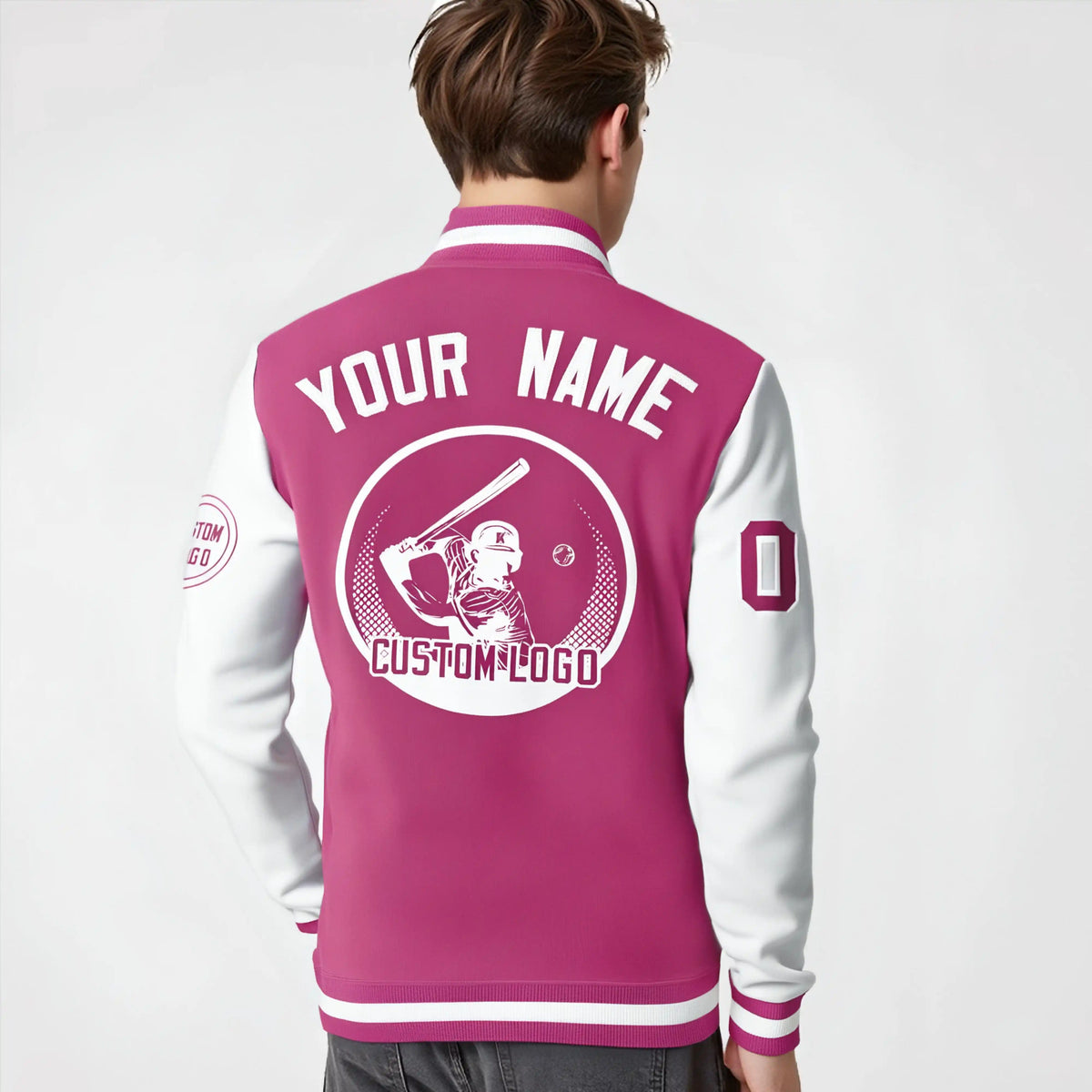 Custom Pink White Bomber Full-Snap Varsity Letterman Two Tone Jacket