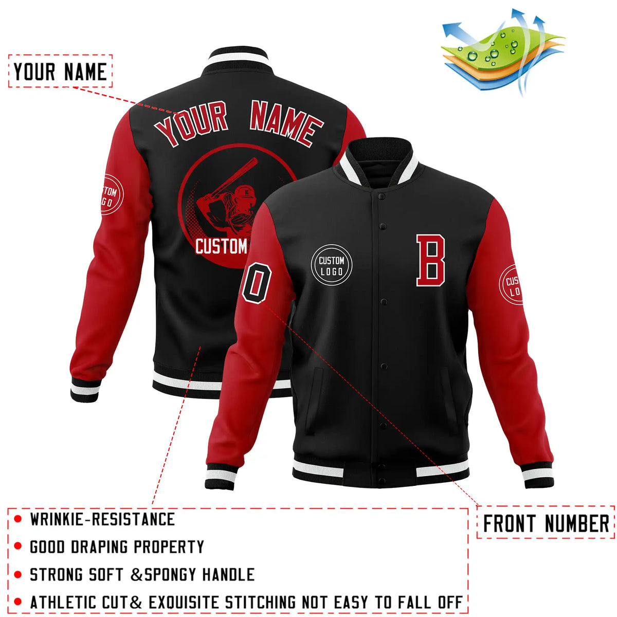Custom Black Red Bomber Full-Snap Varsity Letterman Two Tone Jacket