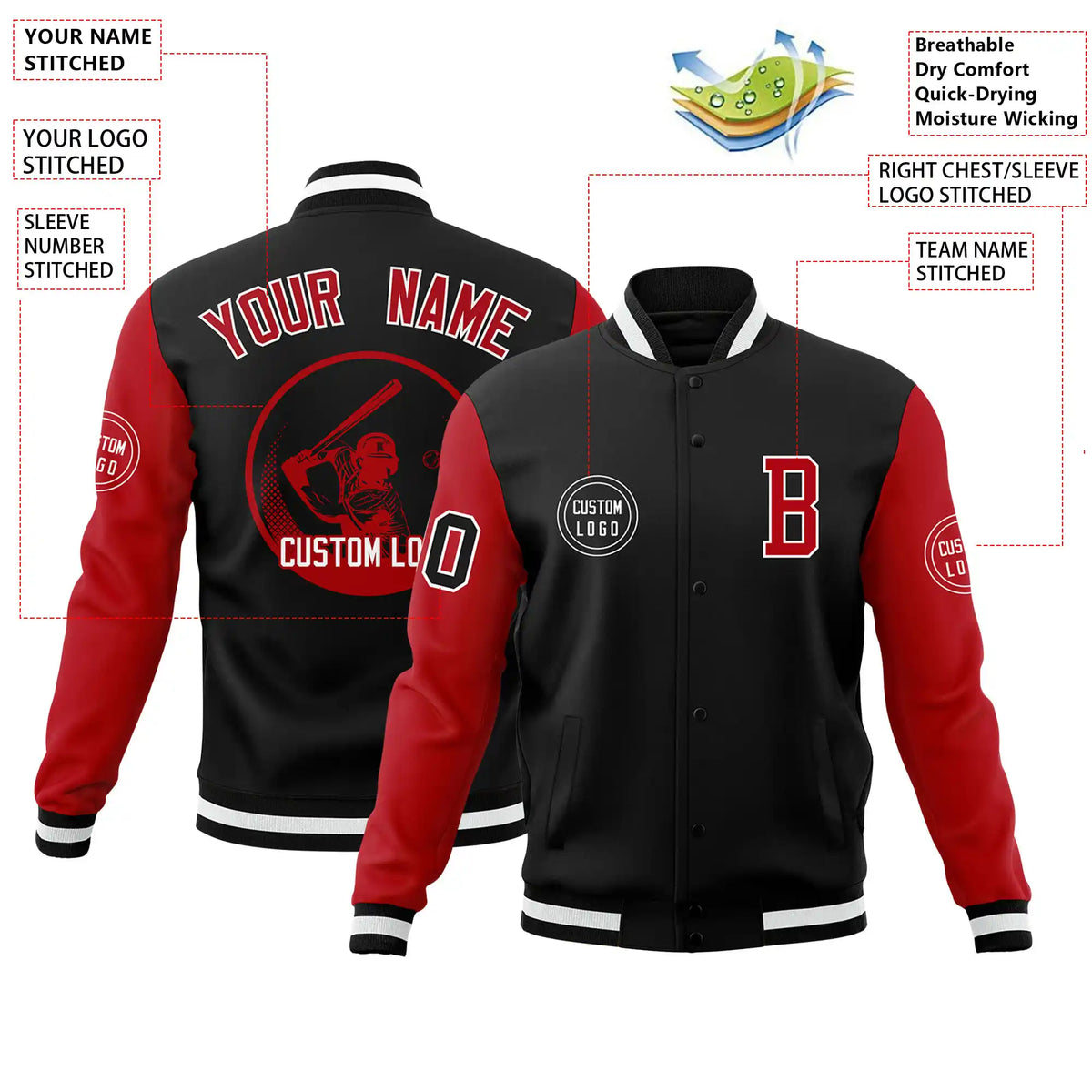 Custom Black Red Bomber Full-Snap Varsity Letterman Two Tone Jacket