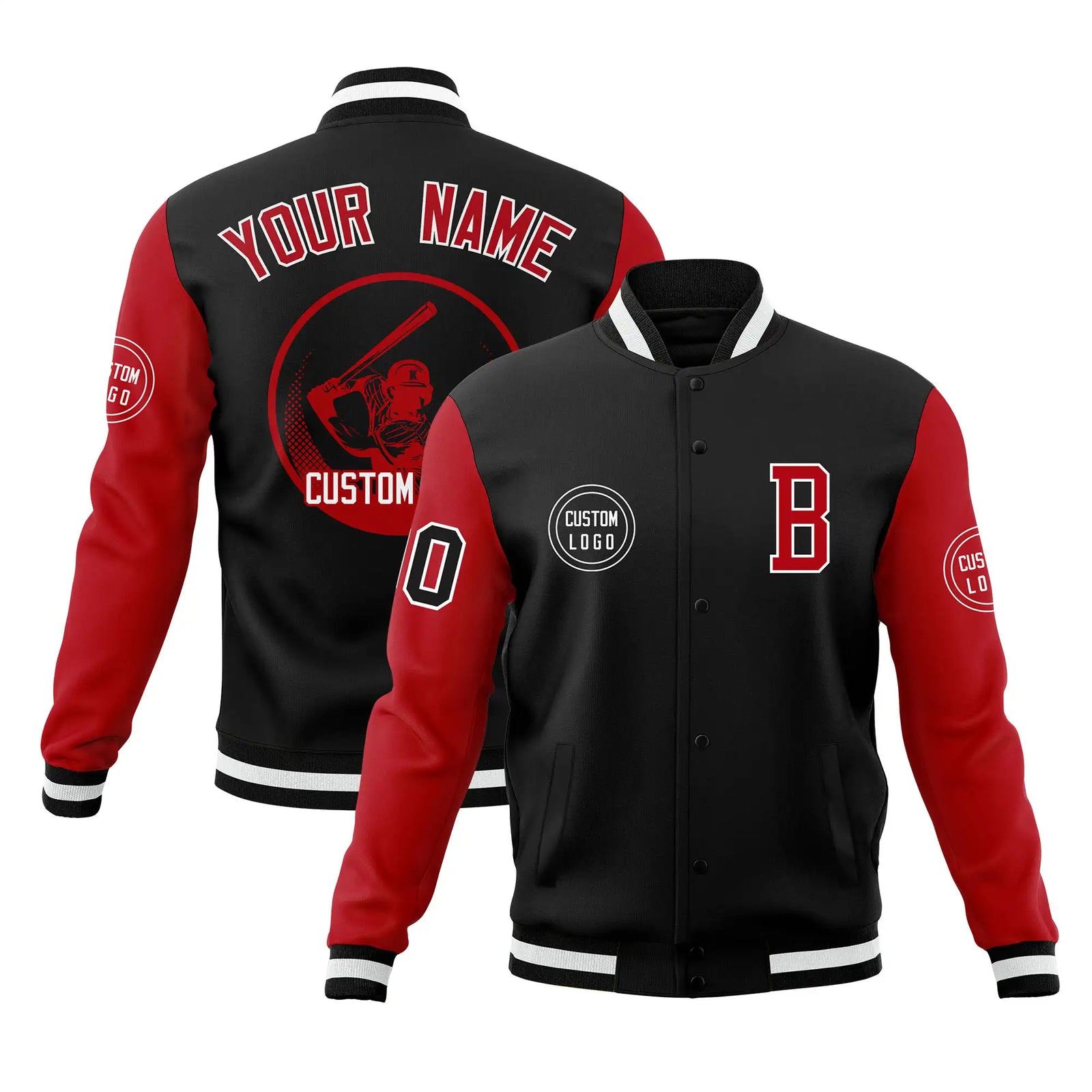 Custom Black Red Bomber Full-Snap Varsity Letterman Two Tone Jacket