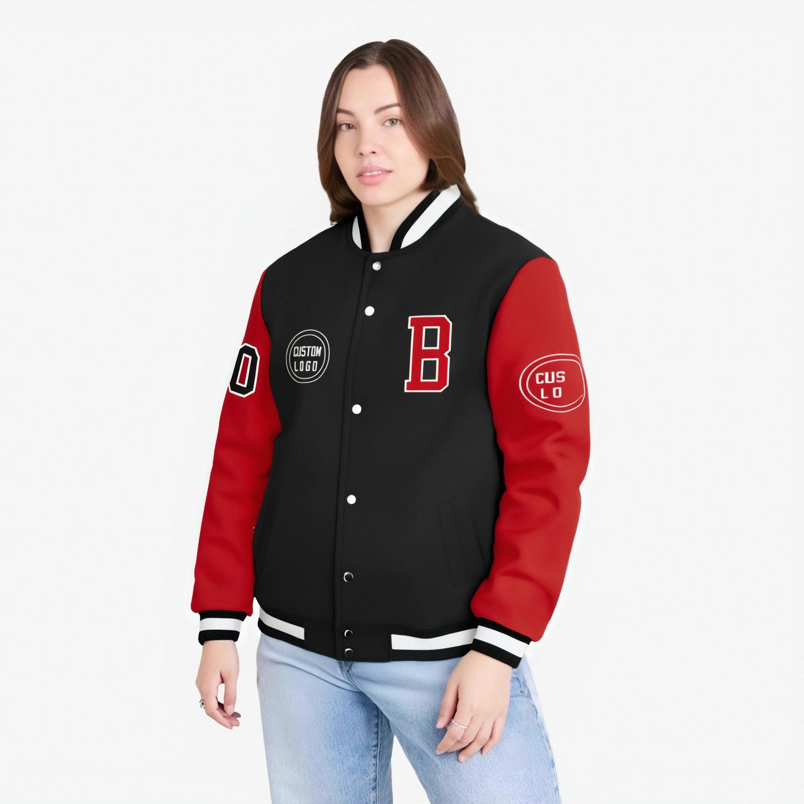 Custom Black Red Bomber Full-Snap Varsity Letterman Two Tone Jacket