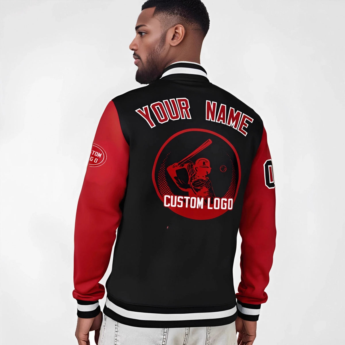 Custom Black Red Bomber Full-Snap Varsity Letterman Two Tone Jacket