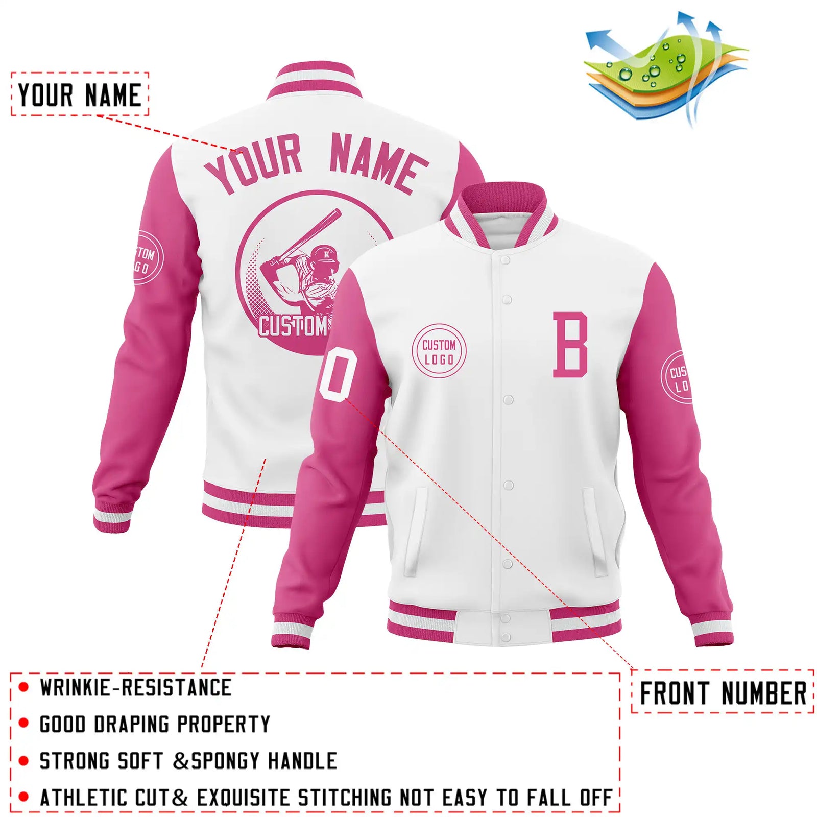 Custom White Pink Bomber Full-Snap Varsity Letterman Two Tone Jacket