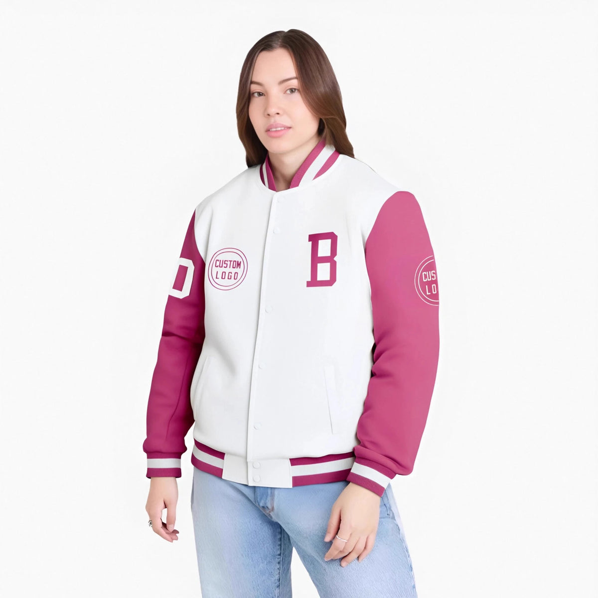 Custom White Pink Bomber Full-Snap Varsity Letterman Two Tone Jacket