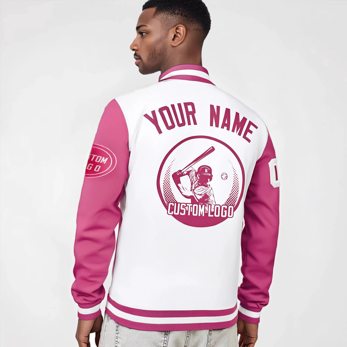 Custom White Pink Bomber Full-Snap Varsity Letterman Two Tone Jacket