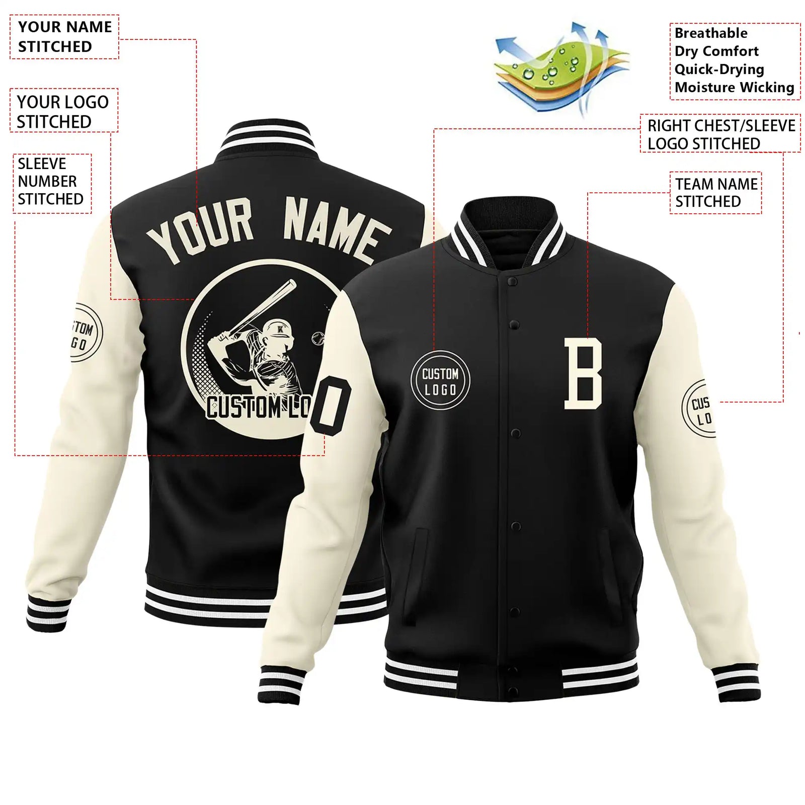 Custom Black Cream Bomber Full-Snap Varsity Letterman Two Tone Jacket