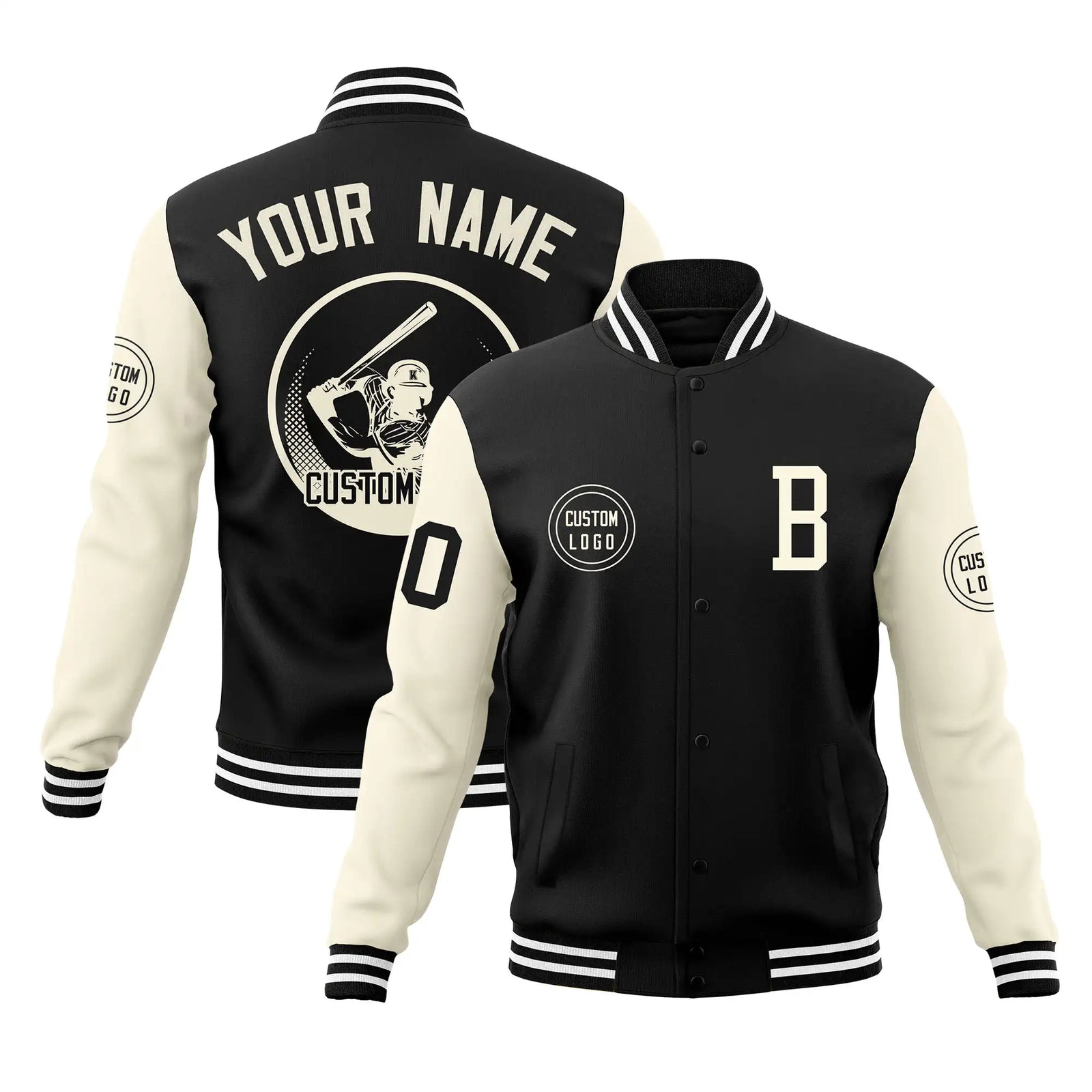 Custom Black Cream Bomber Full-Snap Varsity Letterman Two Tone Jacket