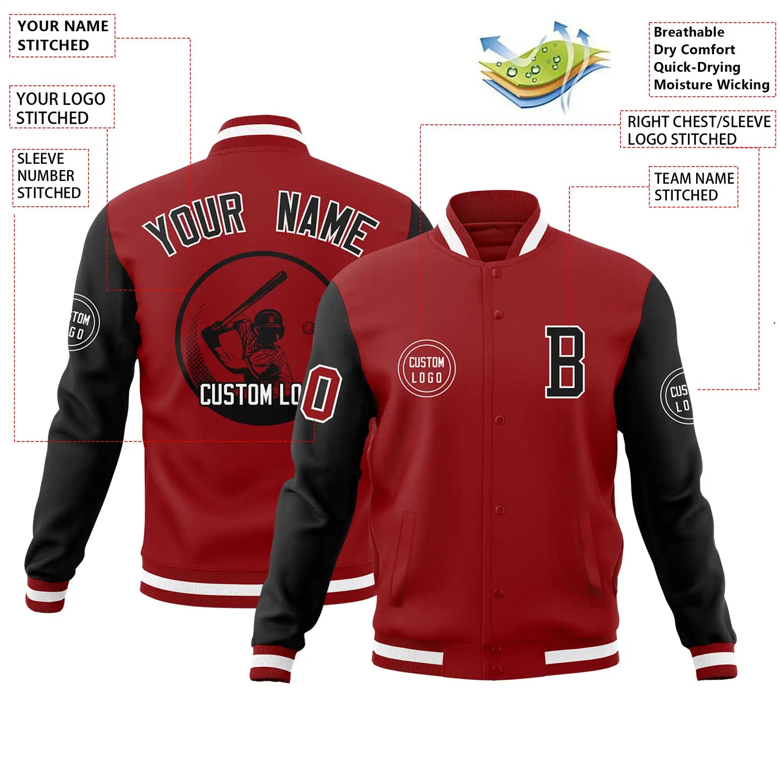 Custom Red Black Bomber Full-Snap Varsity Letterman Two Tone Jacket
