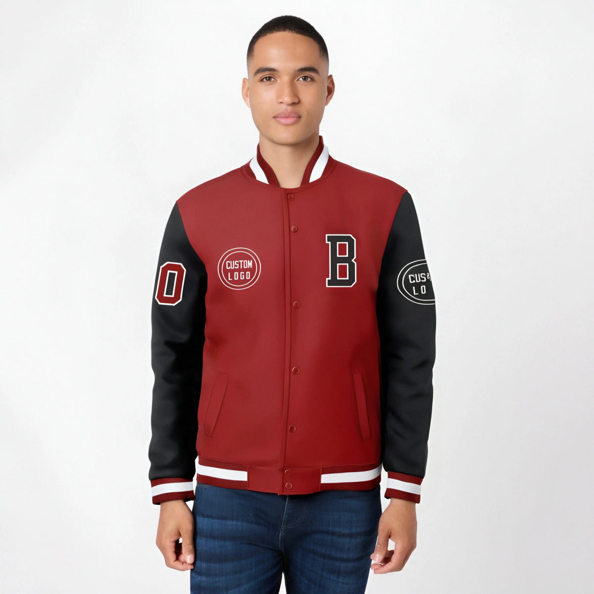 Custom Red Black Bomber Full-Snap Varsity Letterman Two Tone Jacket