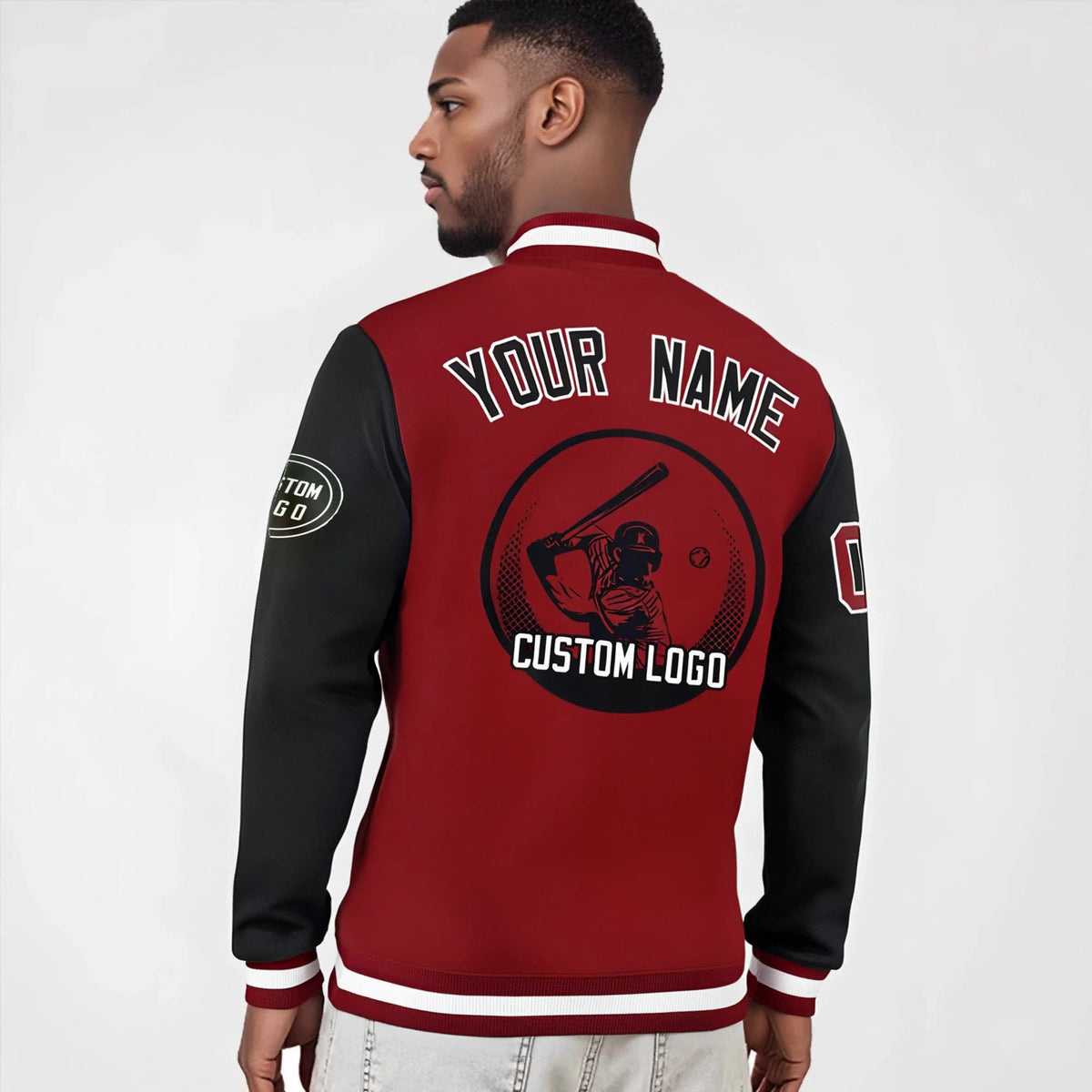 Custom Red Black Bomber Full-Snap Varsity Letterman Two Tone Jacket