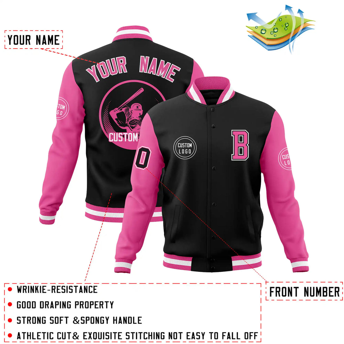 Custom Black Pink Bomber Full-Snap Varsity Letterman Two Tone Jacket