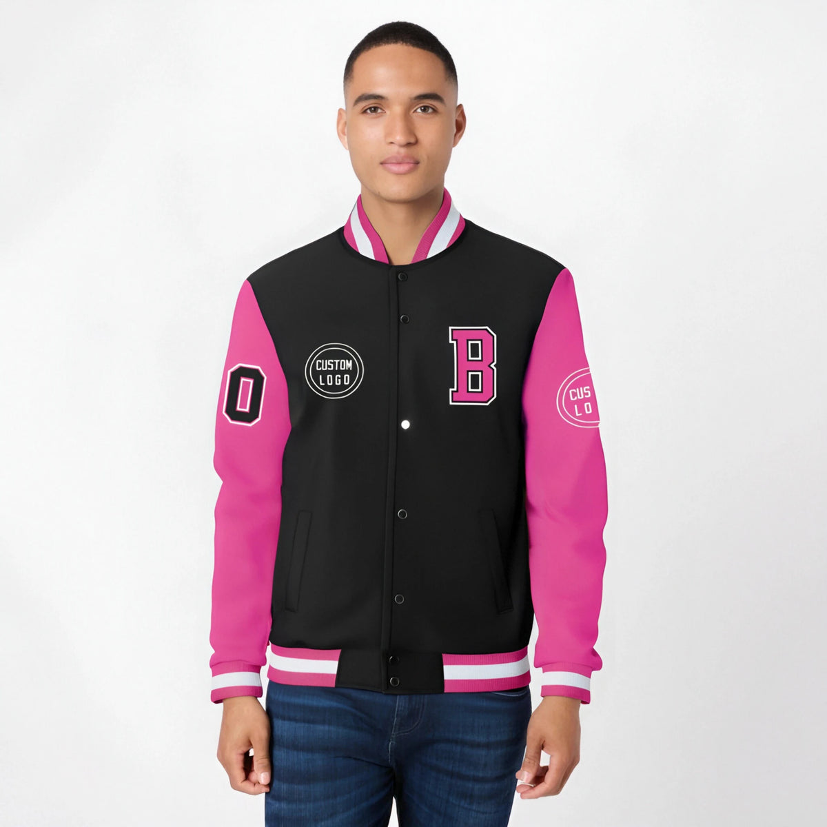 Custom Black Pink Bomber Full-Snap Varsity Letterman Two Tone Jacket
