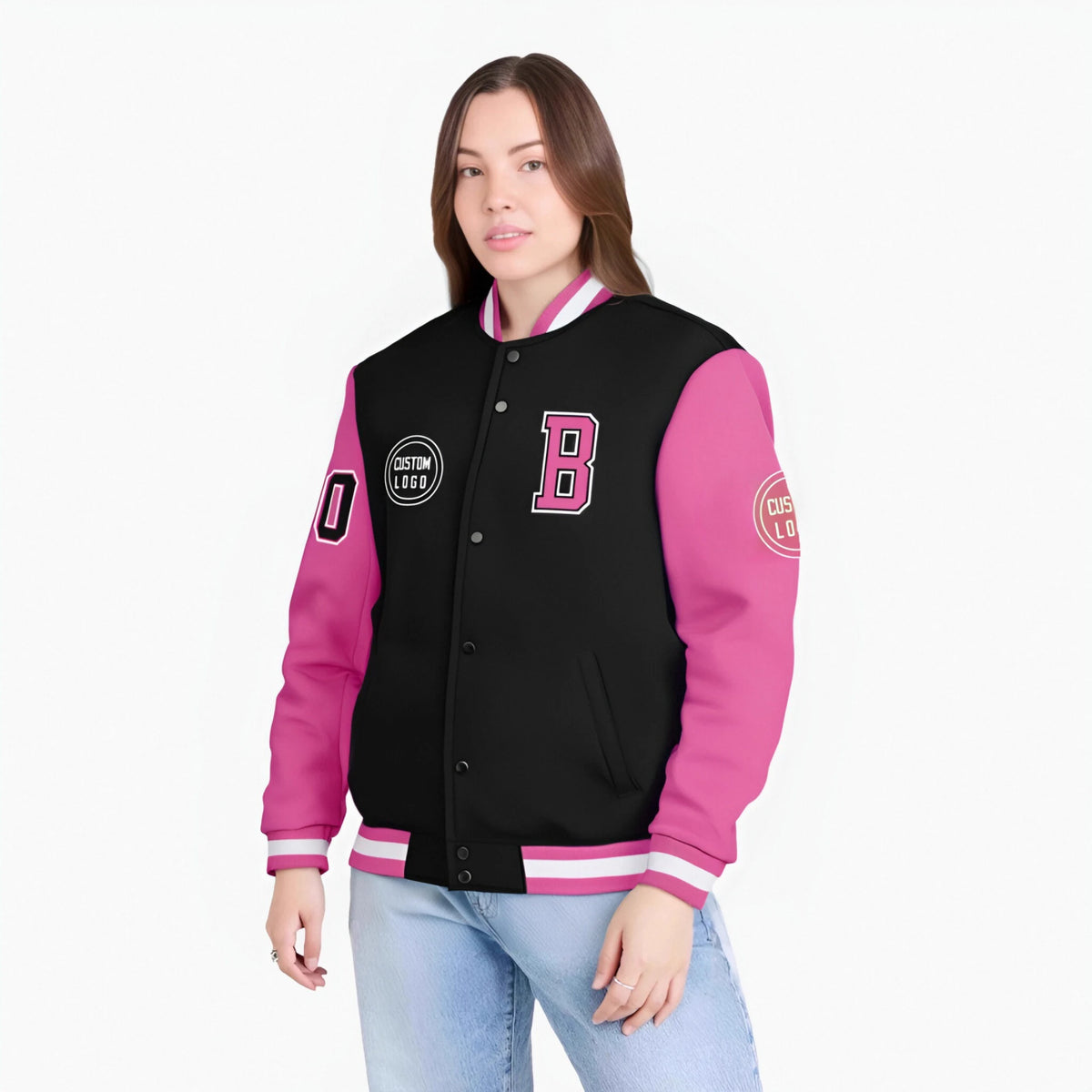 Custom Black Pink Bomber Full-Snap Varsity Letterman Two Tone Jacket