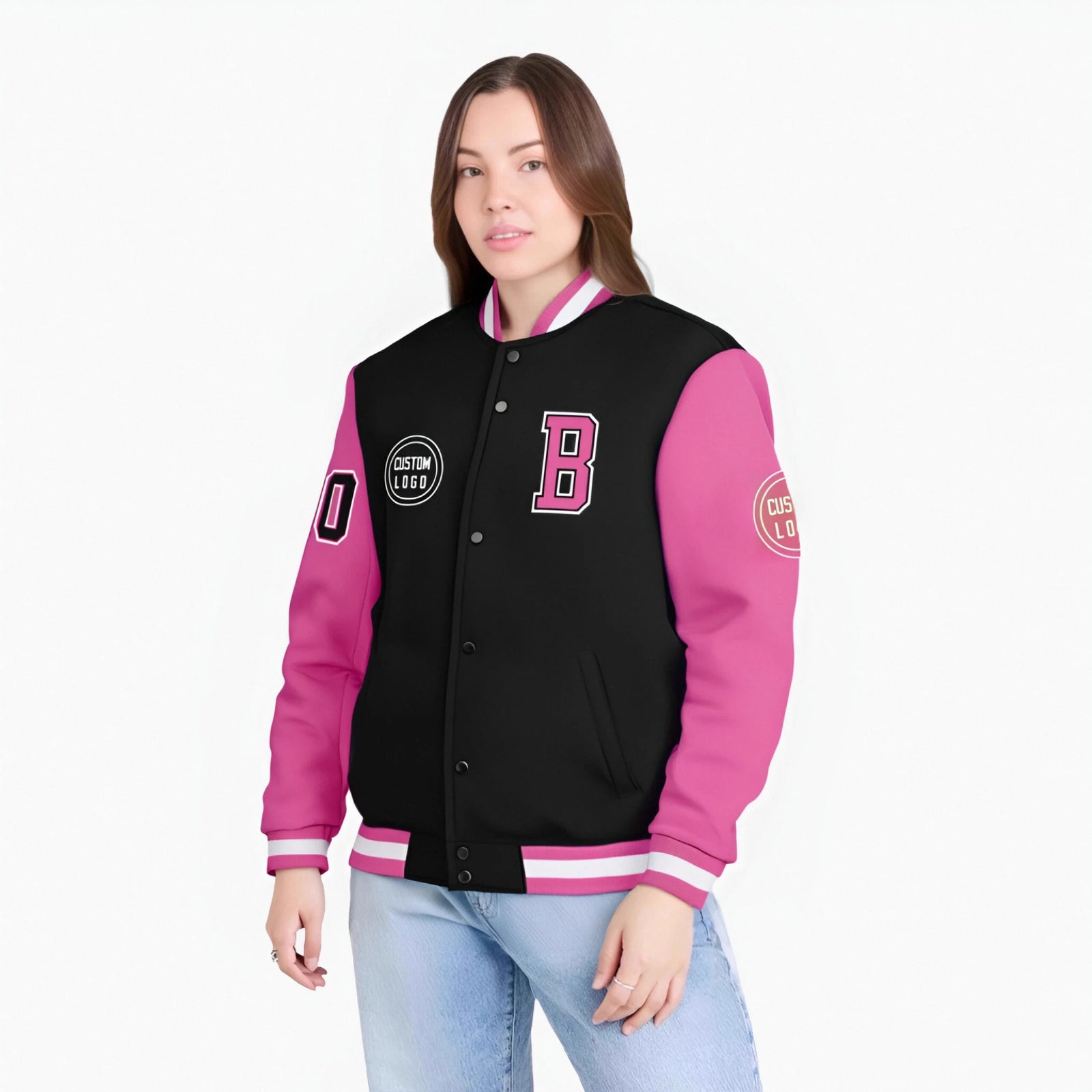 Custom Black Pink Bomber Full-Snap Varsity Letterman Two Tone Jacket