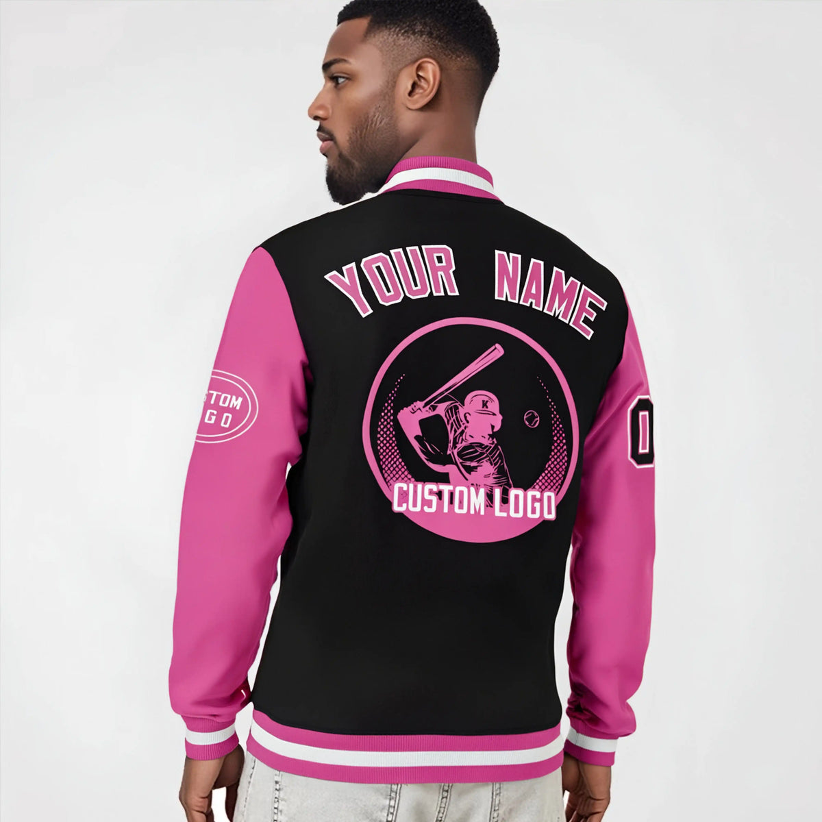 Custom Black Pink Bomber Full-Snap Varsity Letterman Two Tone Jacket