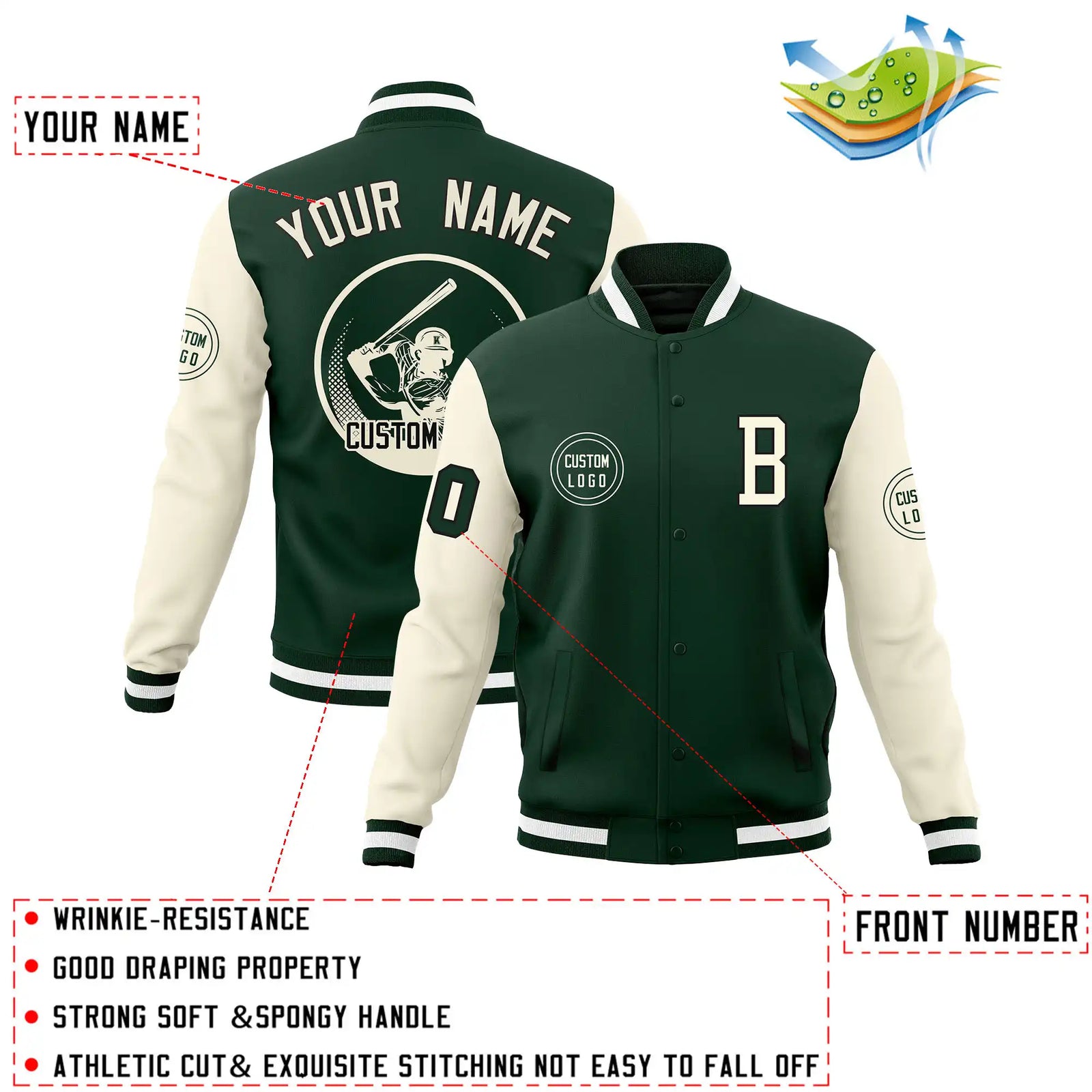Custom Green Cream Bomber Full-Snap Varsity Letterman Two Tone Jacket