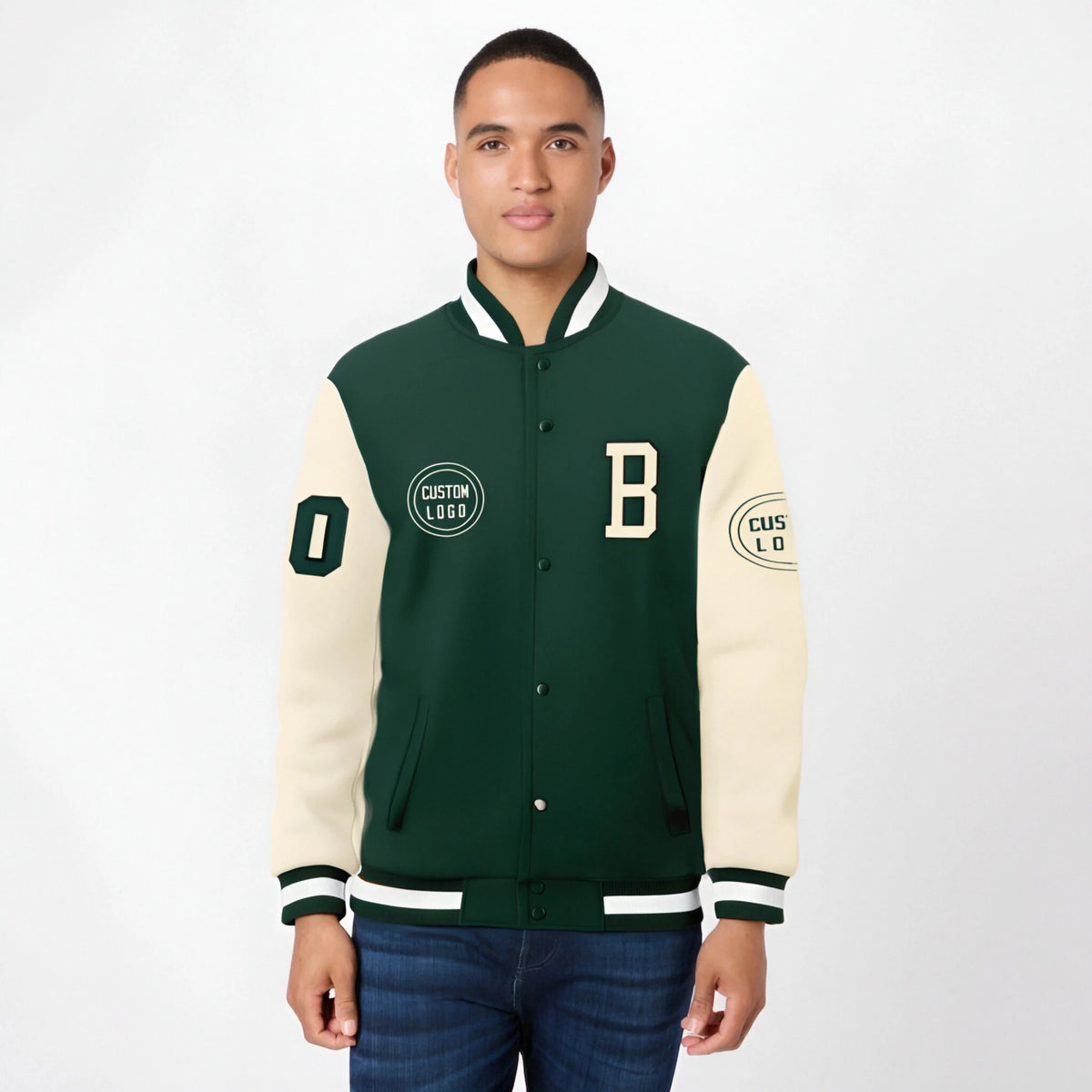 Custom Green Cream Bomber Full-Snap Varsity Letterman Two Tone Jacket