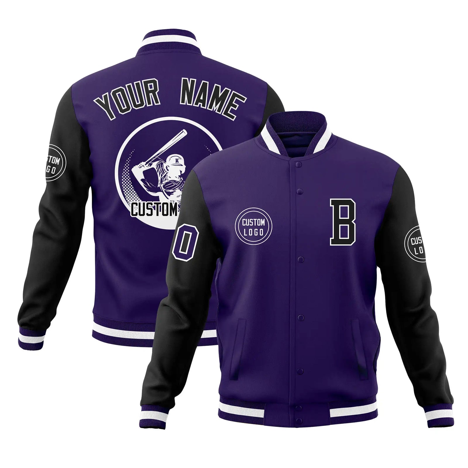 Custom Purple Black Bomber Full-Snap Varsity Letterman Two Tone Jacket