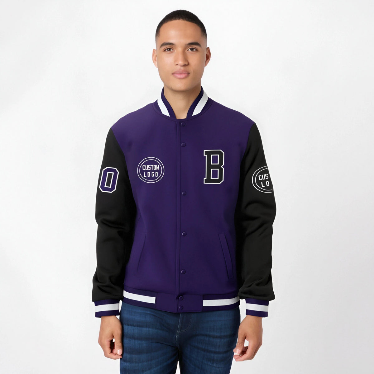 Custom Purple Black Bomber Full-Snap Varsity Letterman Two Tone Jacket