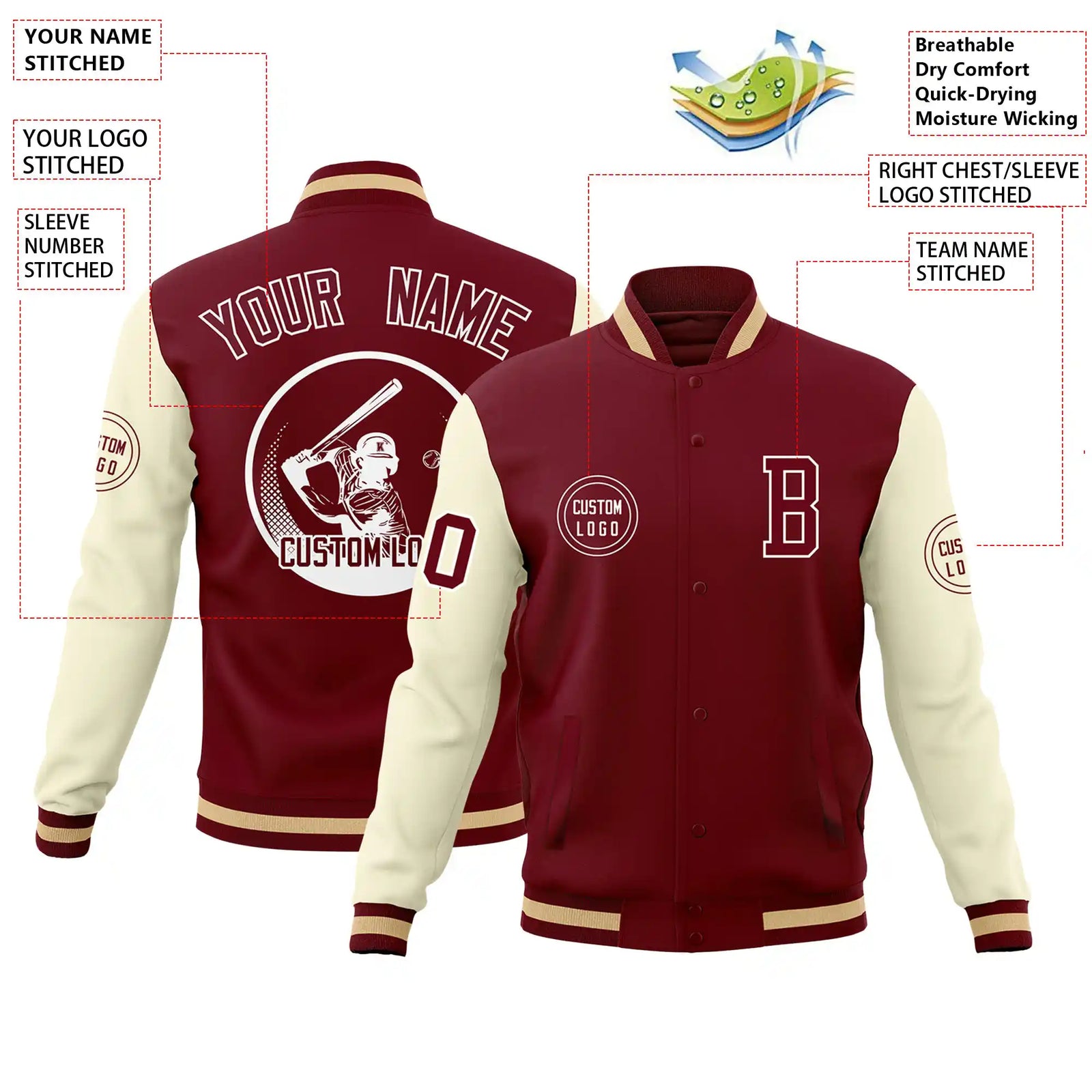 Custom Crimson Khaki Bomber Full-Snap Varsity Letterman Two Tone Jacket